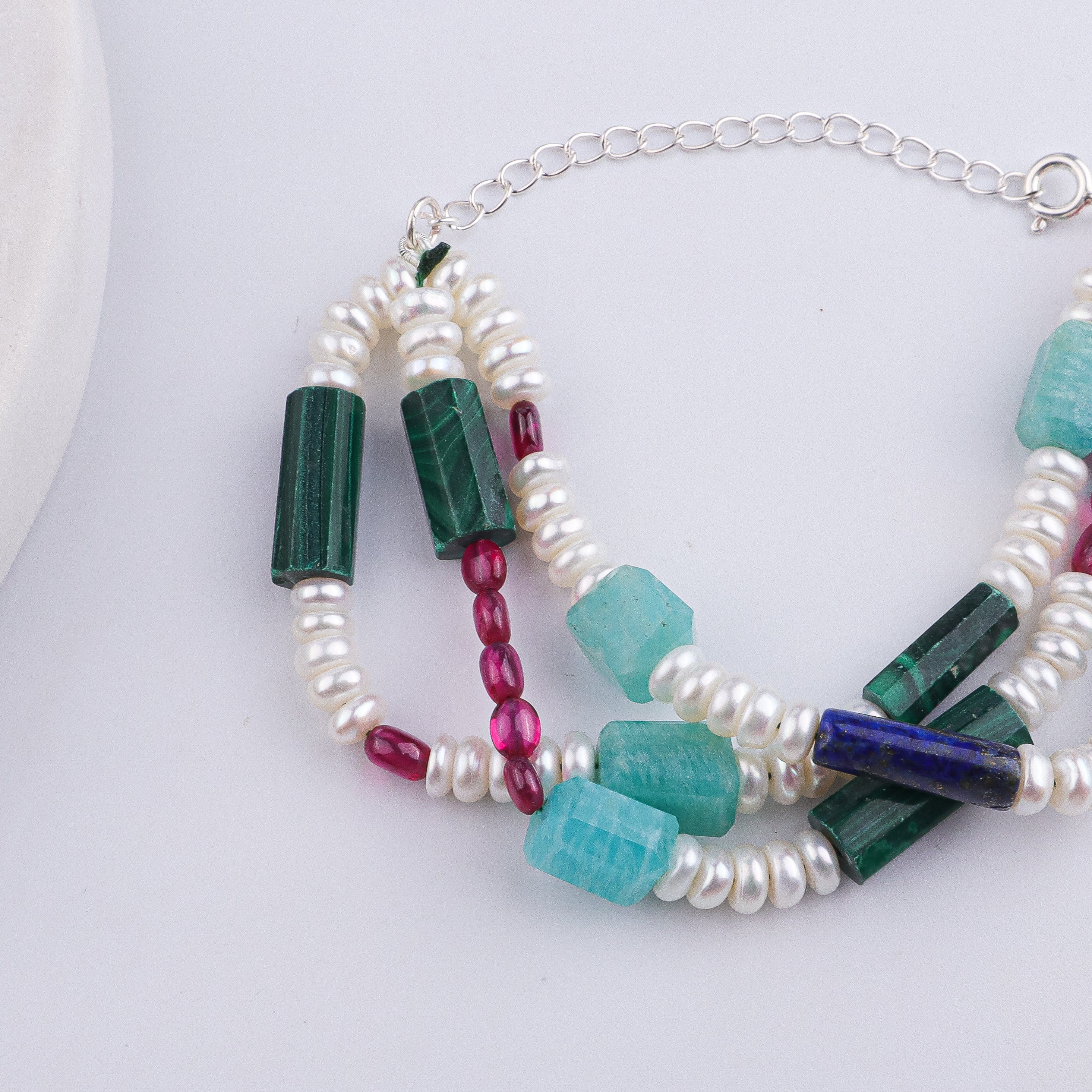 Amazonite, Lapis Lazuli, Ruby, Freshwater Pearl & Malachite Silver Bracelet (Project Handmade)