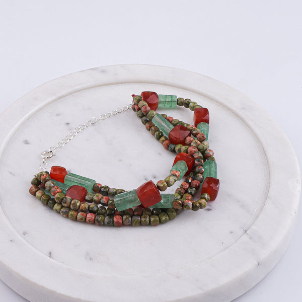 Unakite, Russian Quartz & Carnelian Silver Bracelet (Project Handmade)