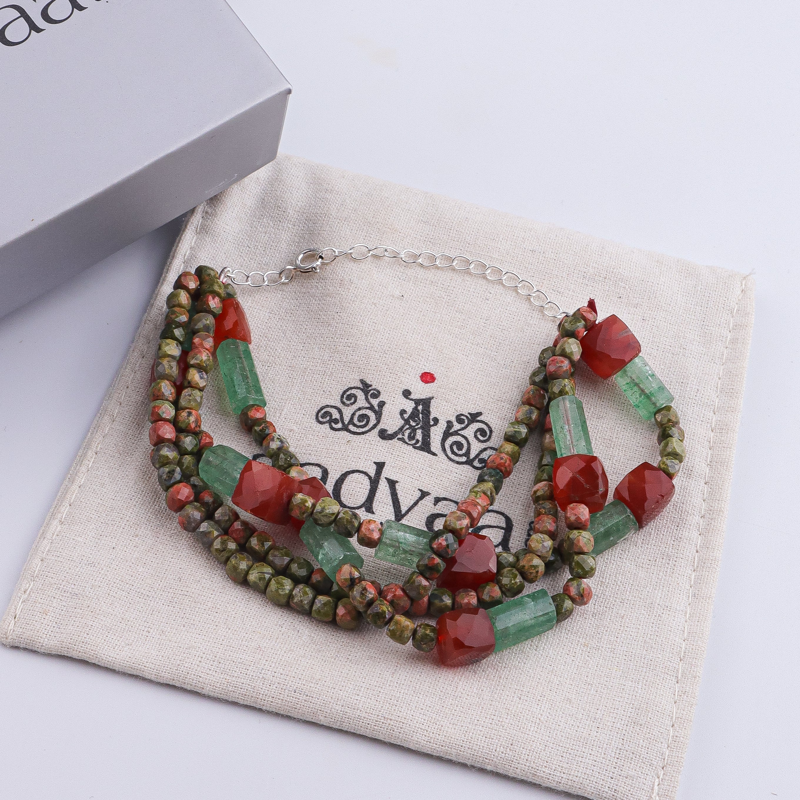 Unakite, Russian Quartz & Carnelian Silver Bracelet (Project Handmade)