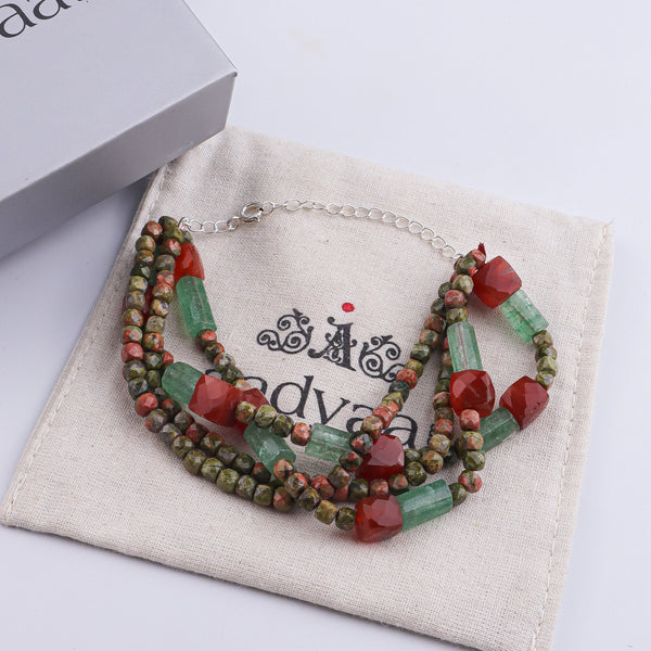 Unakite, Russian Quartz & Carnelian Silver Bracelet (Project Handmade)