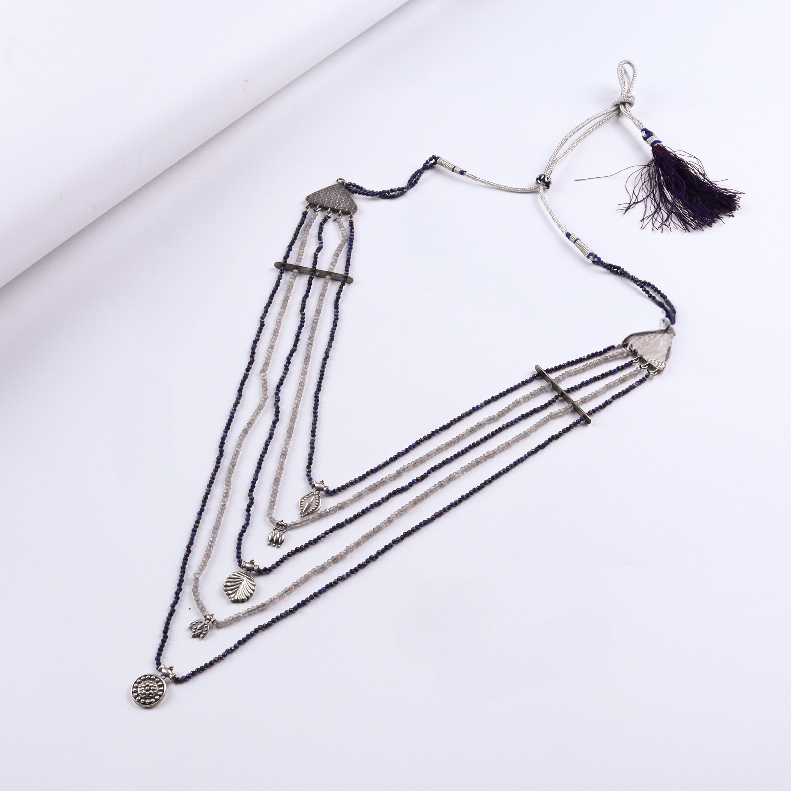 Saaj Motif Satlada Inspired Necklace with Lapis Lazuli and Labradorite Stones (5 layered)