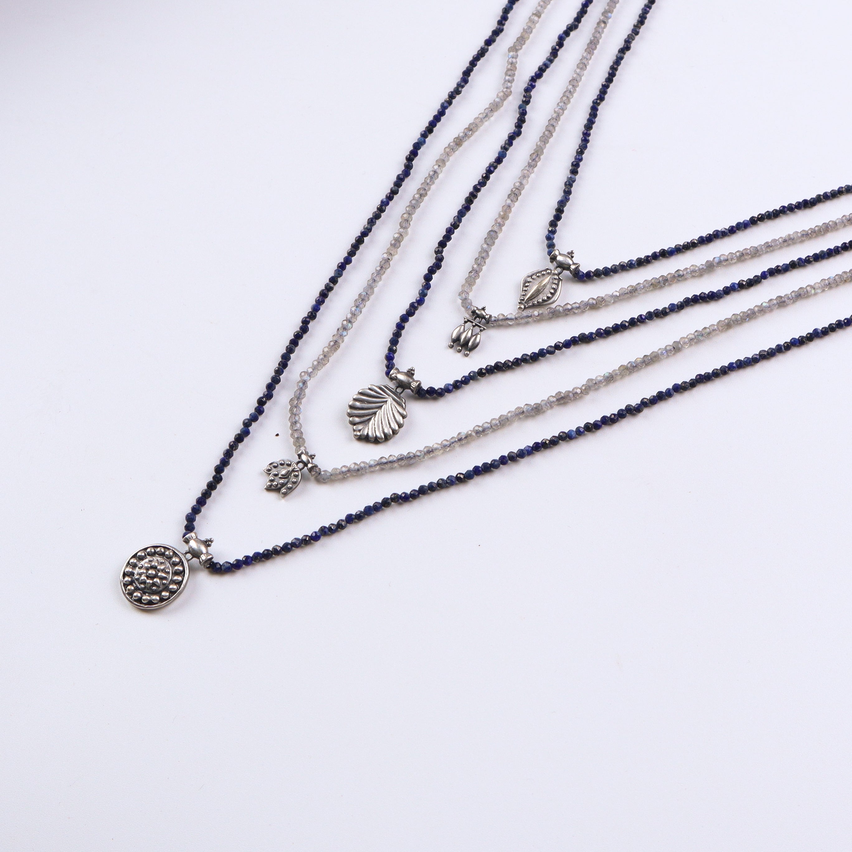 Saaj Motif Satlada Inspired Necklace with Lapis Lazuli and Labradorite Stones (5 layered)