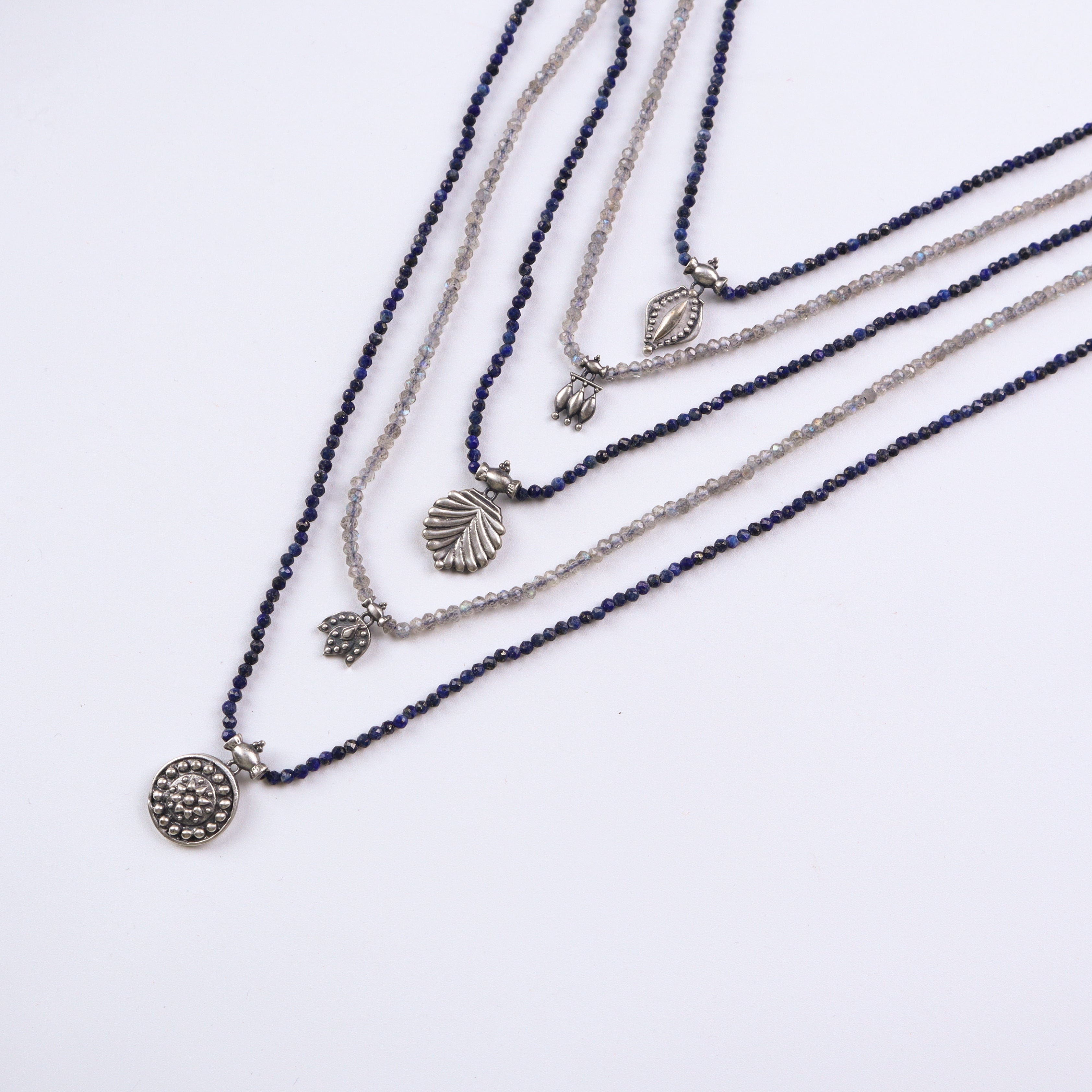Saaj Motif Satlada Inspired Necklace with Lapis Lazuli and Labradorite Stones (5 layered)