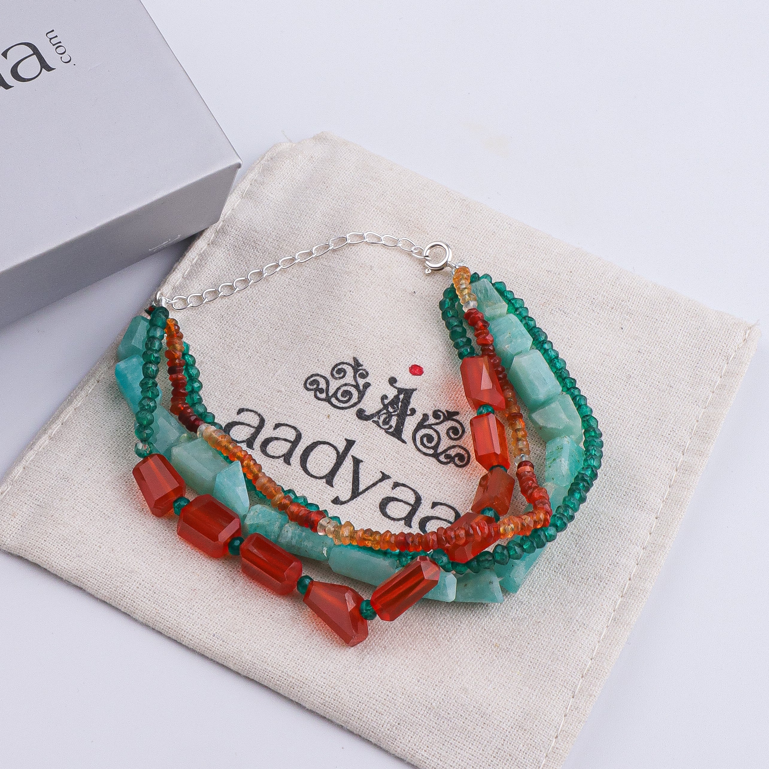 Carnelian, Green Onyx, Amazonite & Natural Orange Opal Silver Bracelet (Project Handmade)
