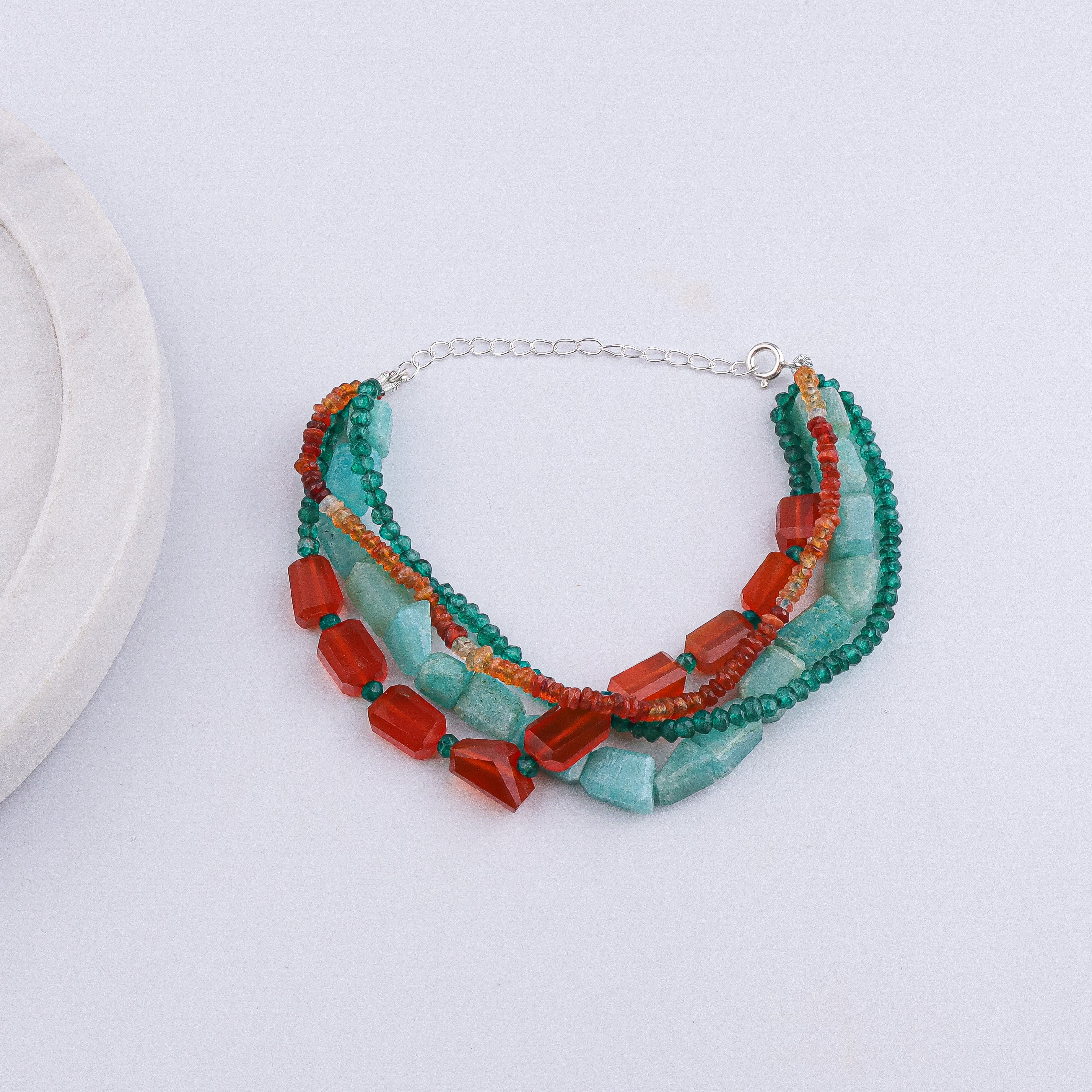 Carnelian, Green Onyx, Amazonite & Natural Orange Opal Silver Bracelet (Project Handmade)