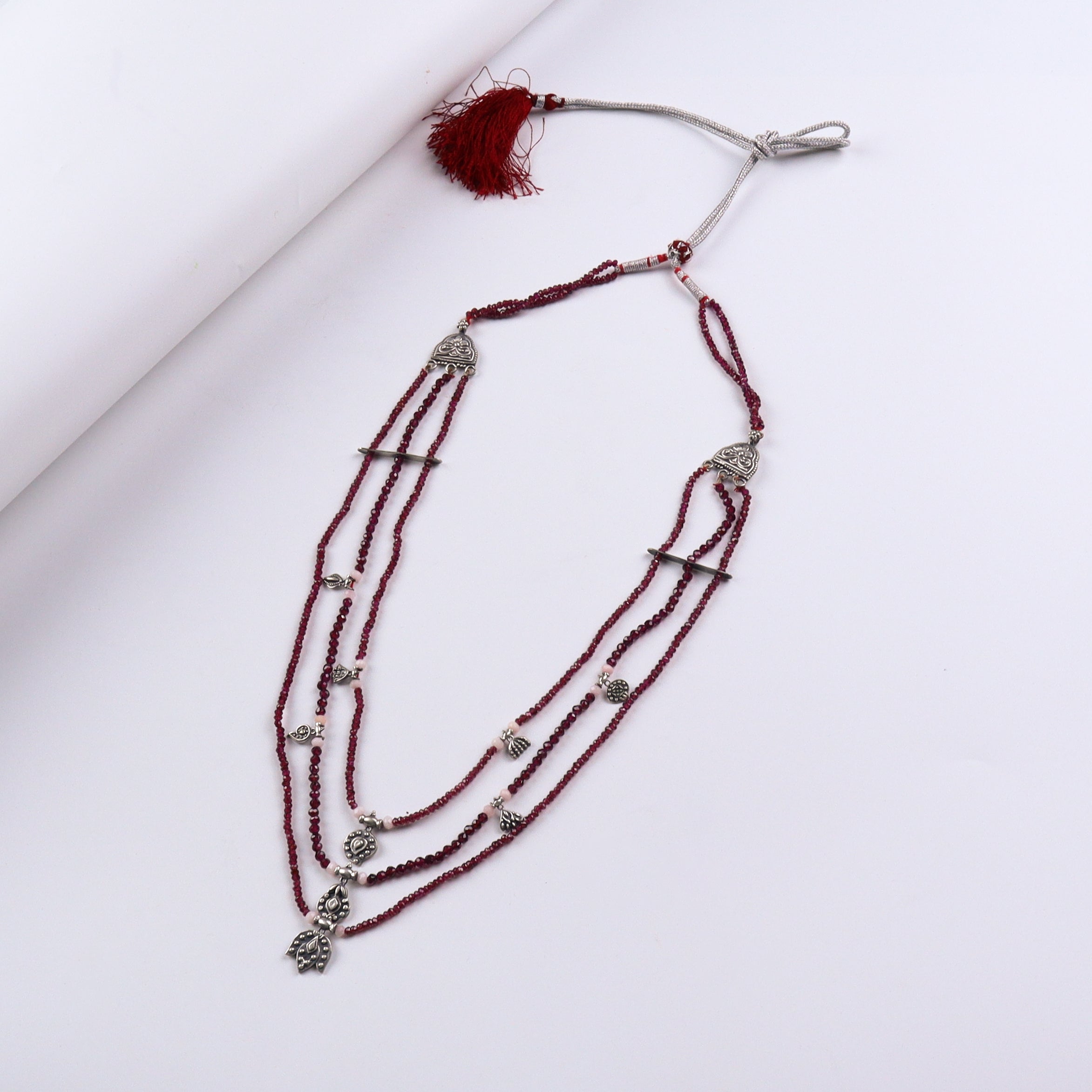 Saaj Motif Satlada Inspired Necklace with Dual Size Garnet Stones and Moonstones (3 layered)