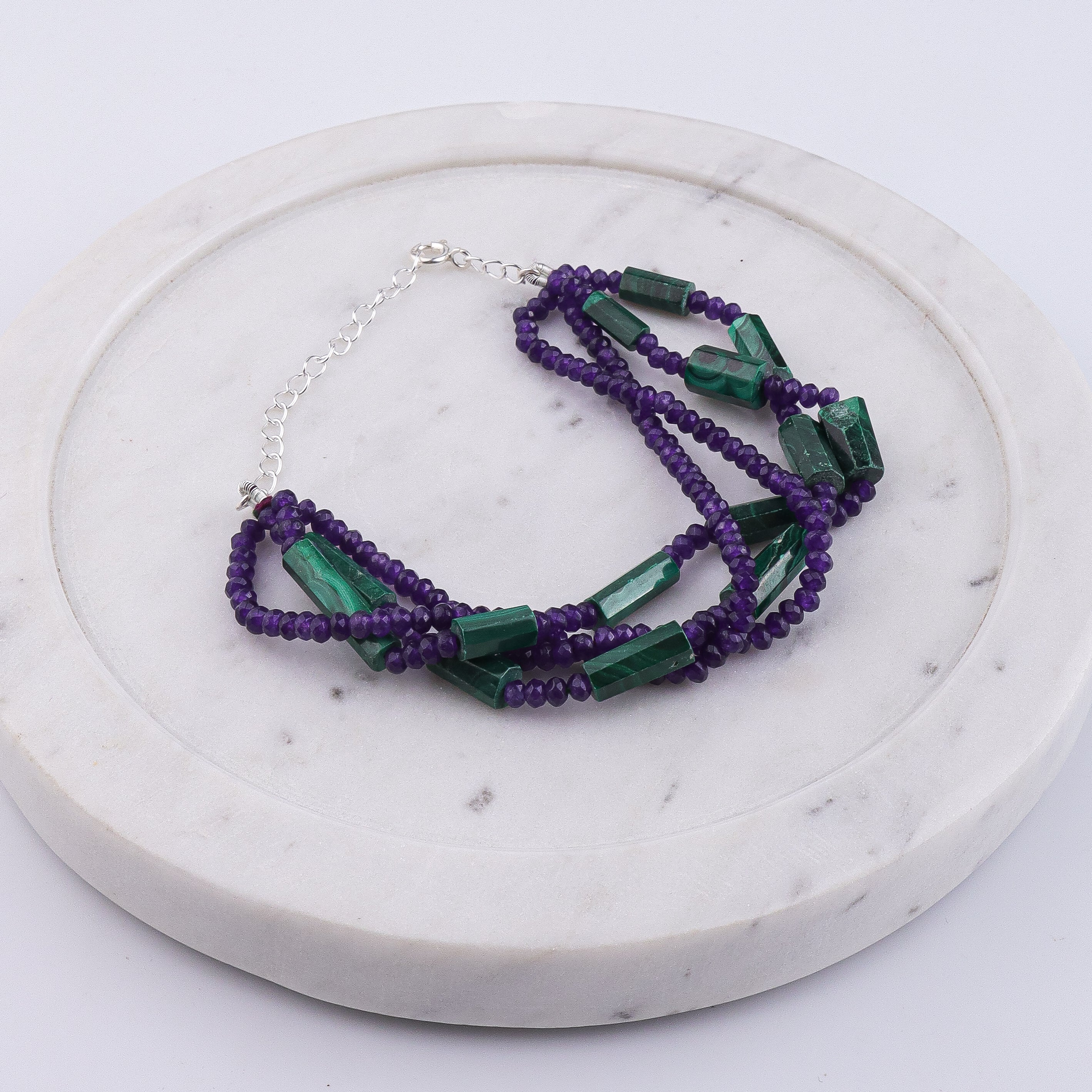 Malachite & Purple Jade Silver Bracelet (Project Handmade)