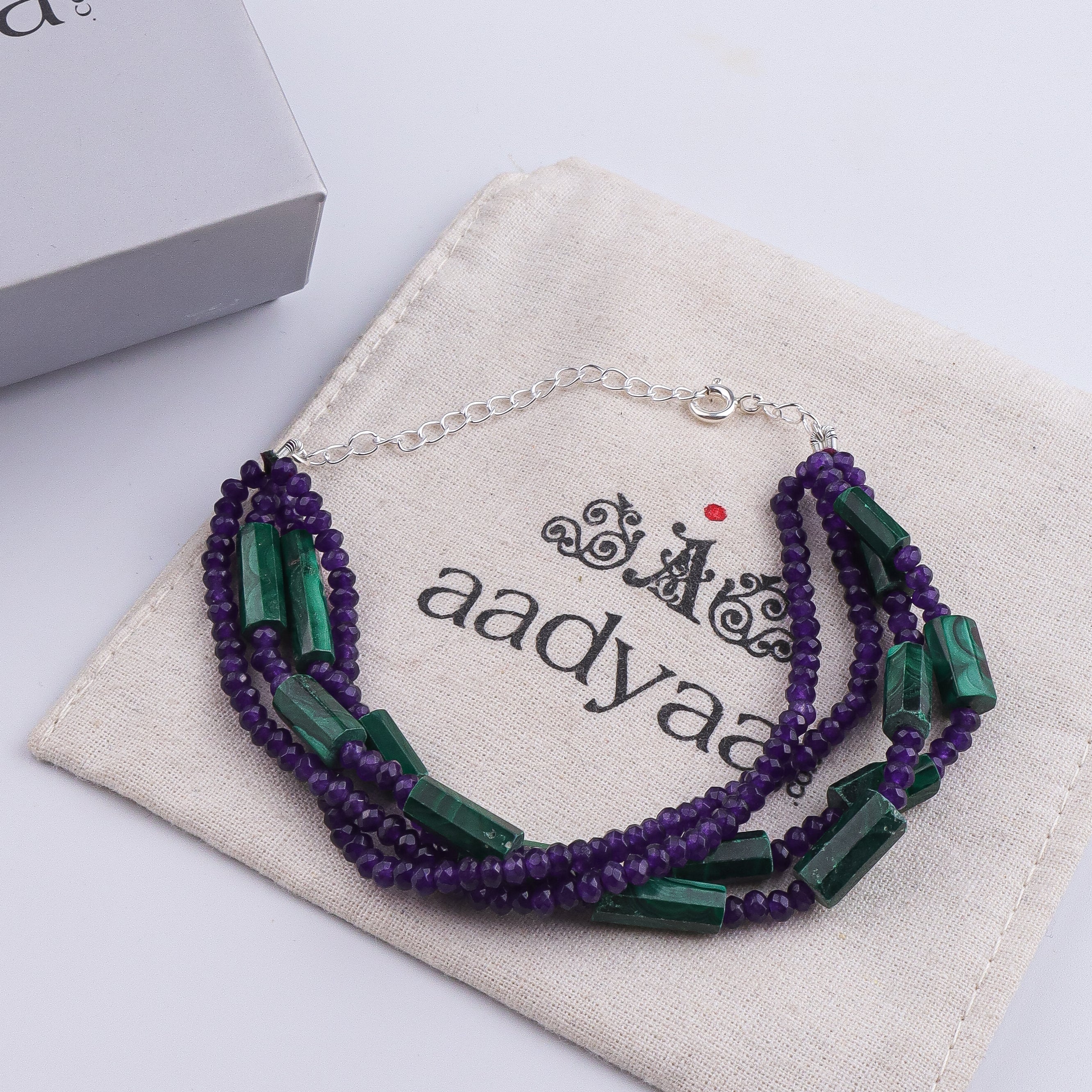 Malachite & Purple Jade Silver Bracelet (Project Handmade)