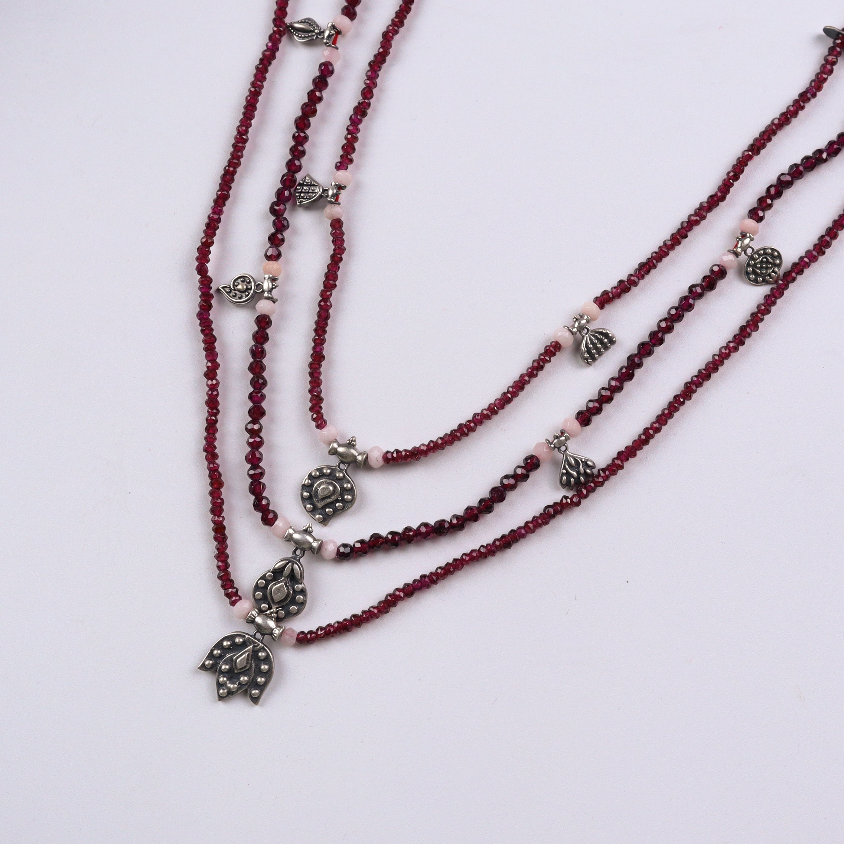 Saaj Motif Satlada Inspired Necklace with Dual Size Garnet Stones and Moonstones (3 layered)