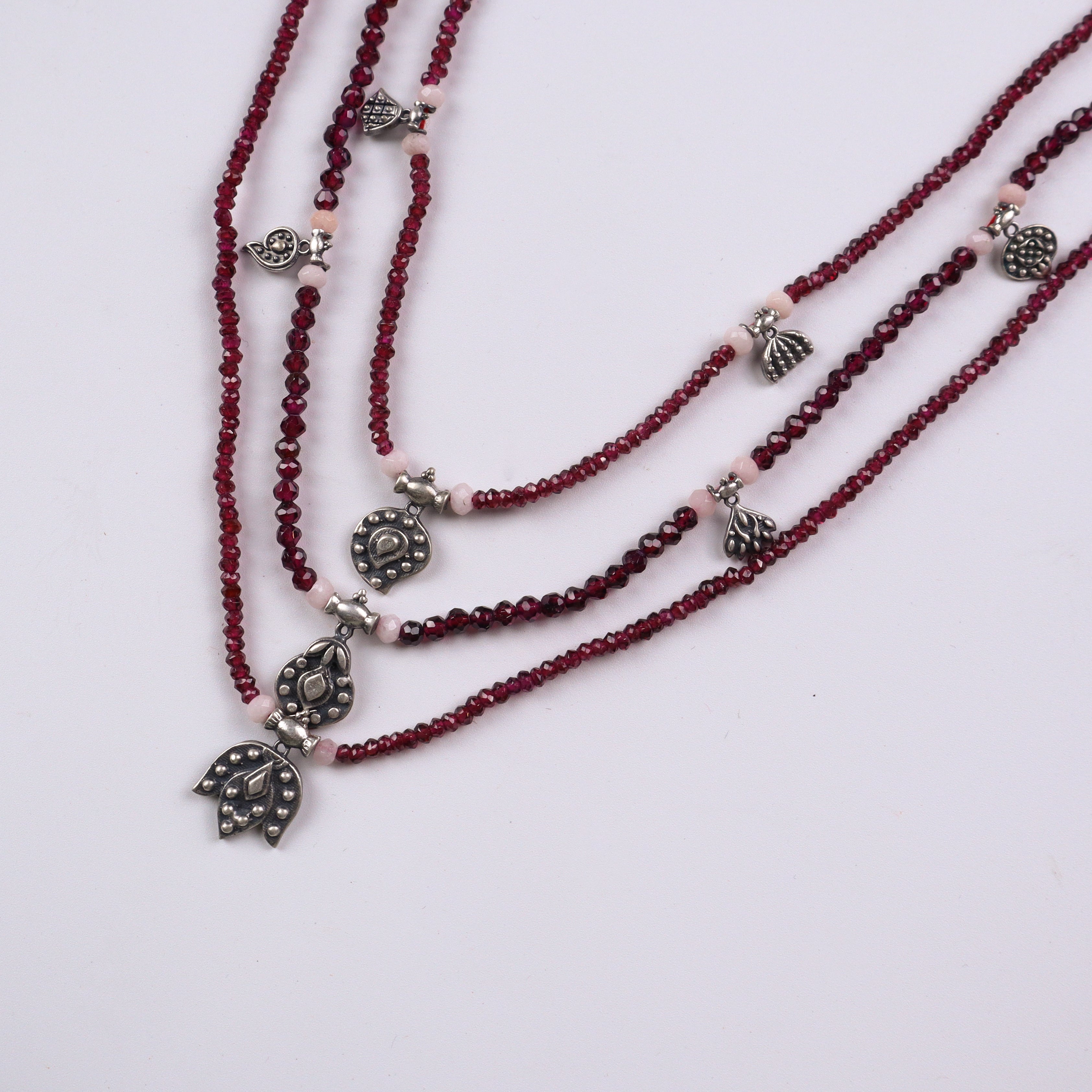 Saaj Motif Satlada Inspired Necklace with Dual Size Garnet Stones and Moonstones (3 layered)