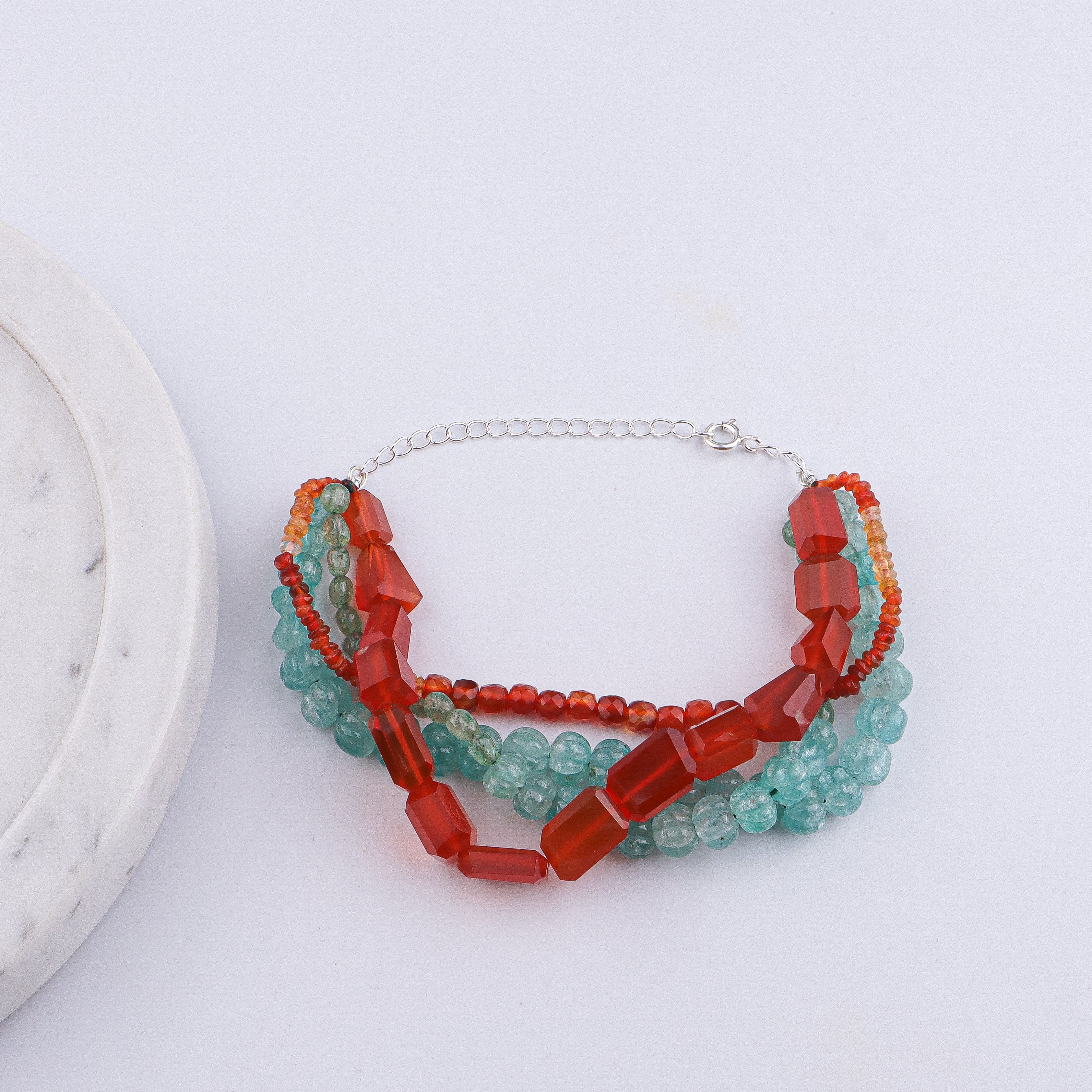 Carnelian, Russian Quartz, Natural Orange Opal & Carved Pumpkin Aqua Fluorite Silver Bracelet (Project Handmade)
