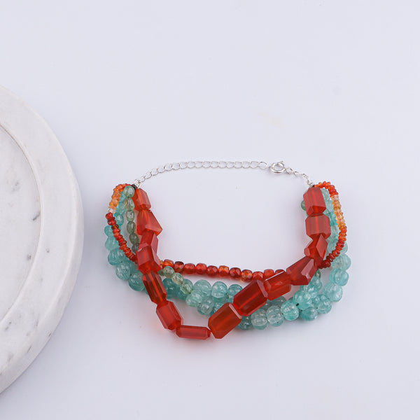 Carnelian, Russian Quartz, Natural Orange Opal & Carved Pumpkin Aqua Fluorite Silver Bracelet (Project Handmade)