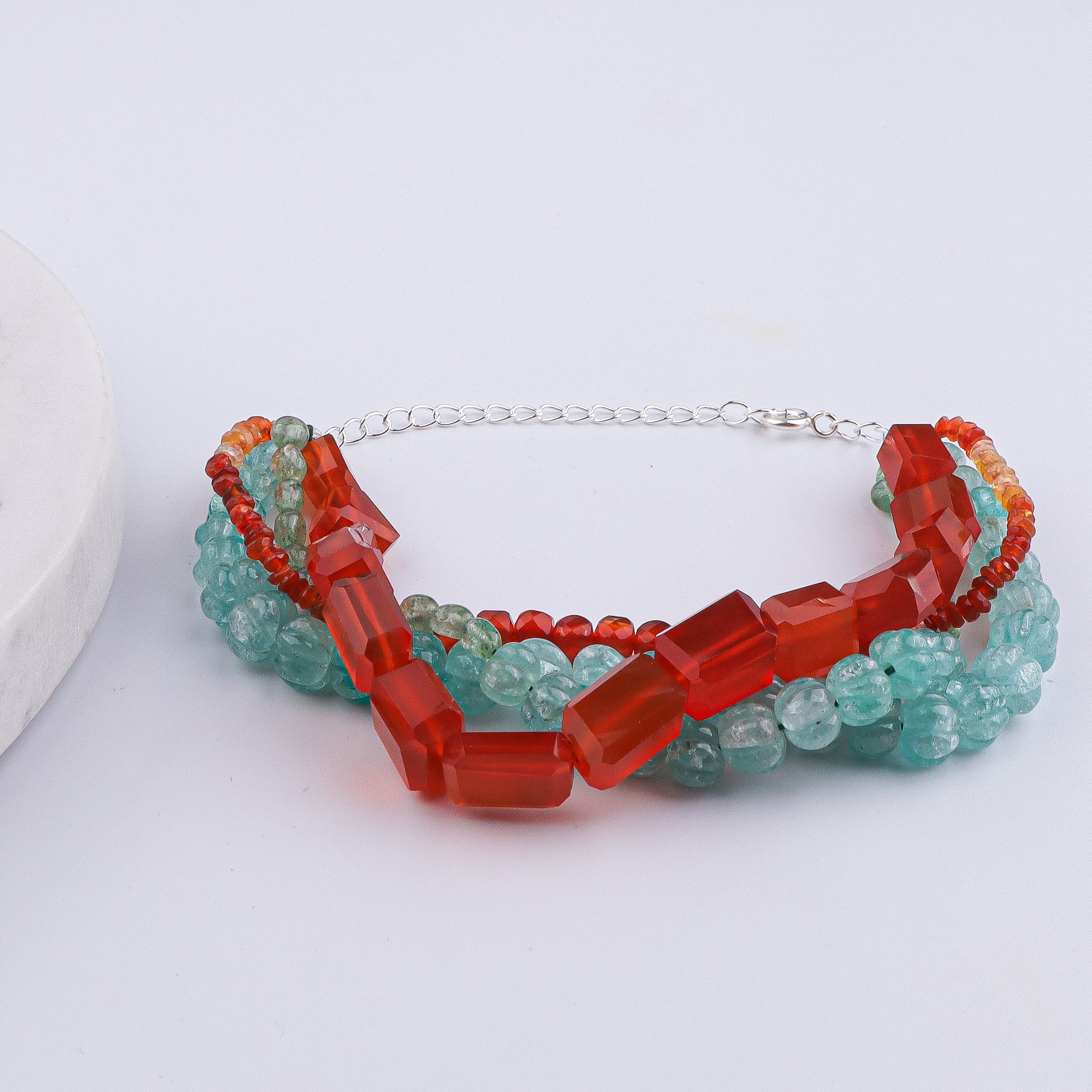 Carnelian, Russian Quartz, Natural Orange Opal & Carved Pumpkin Aqua Fluorite Silver Bracelet (Project Handmade)