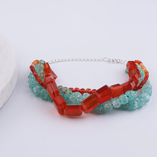 Carnelian, Russian Quartz, Natural Orange Opal & Carved Pumpkin Aqua Fluorite Silver Bracelet (Project Handmade)