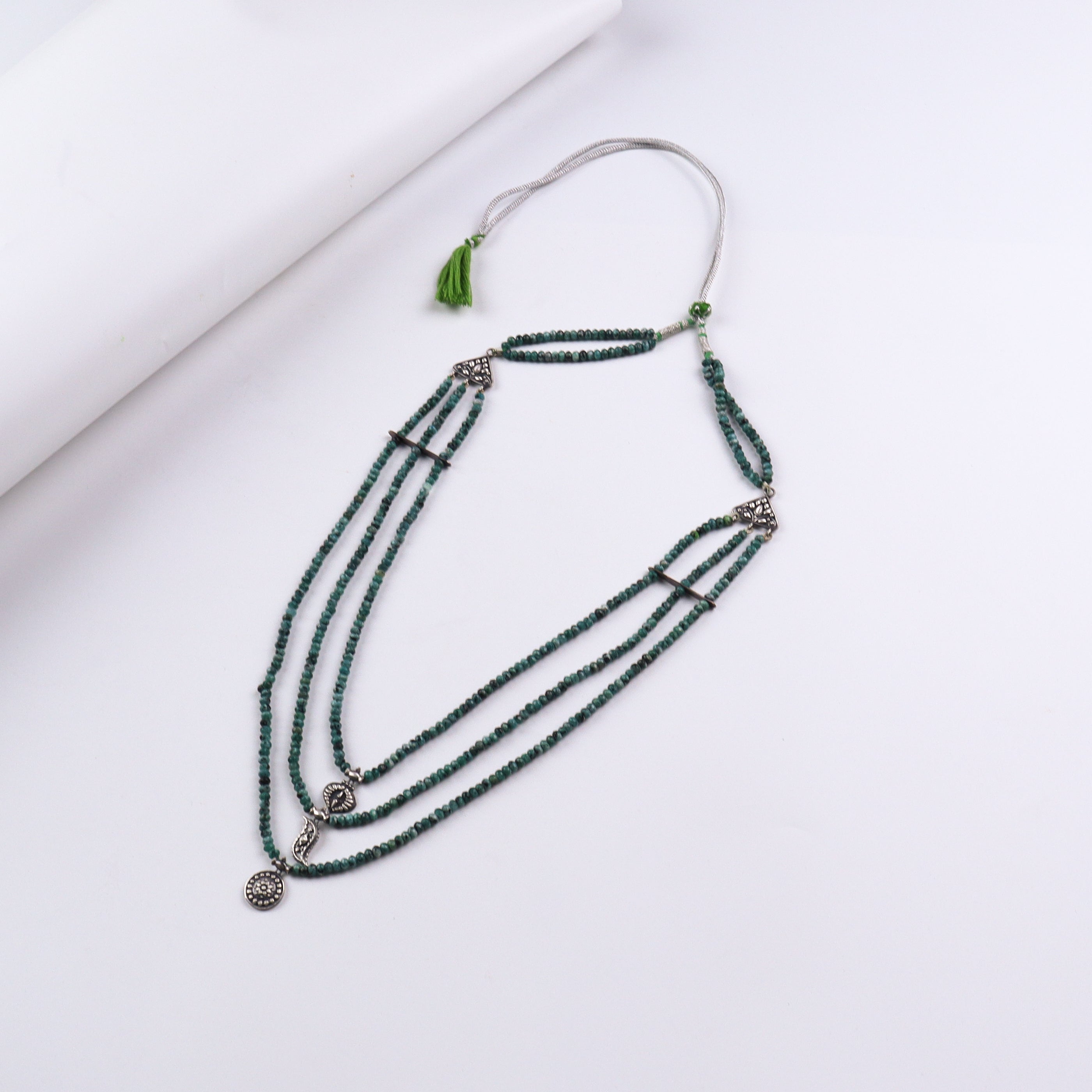 Saaj motif satlada inspired necklace with green sapphire stones (3 layered)