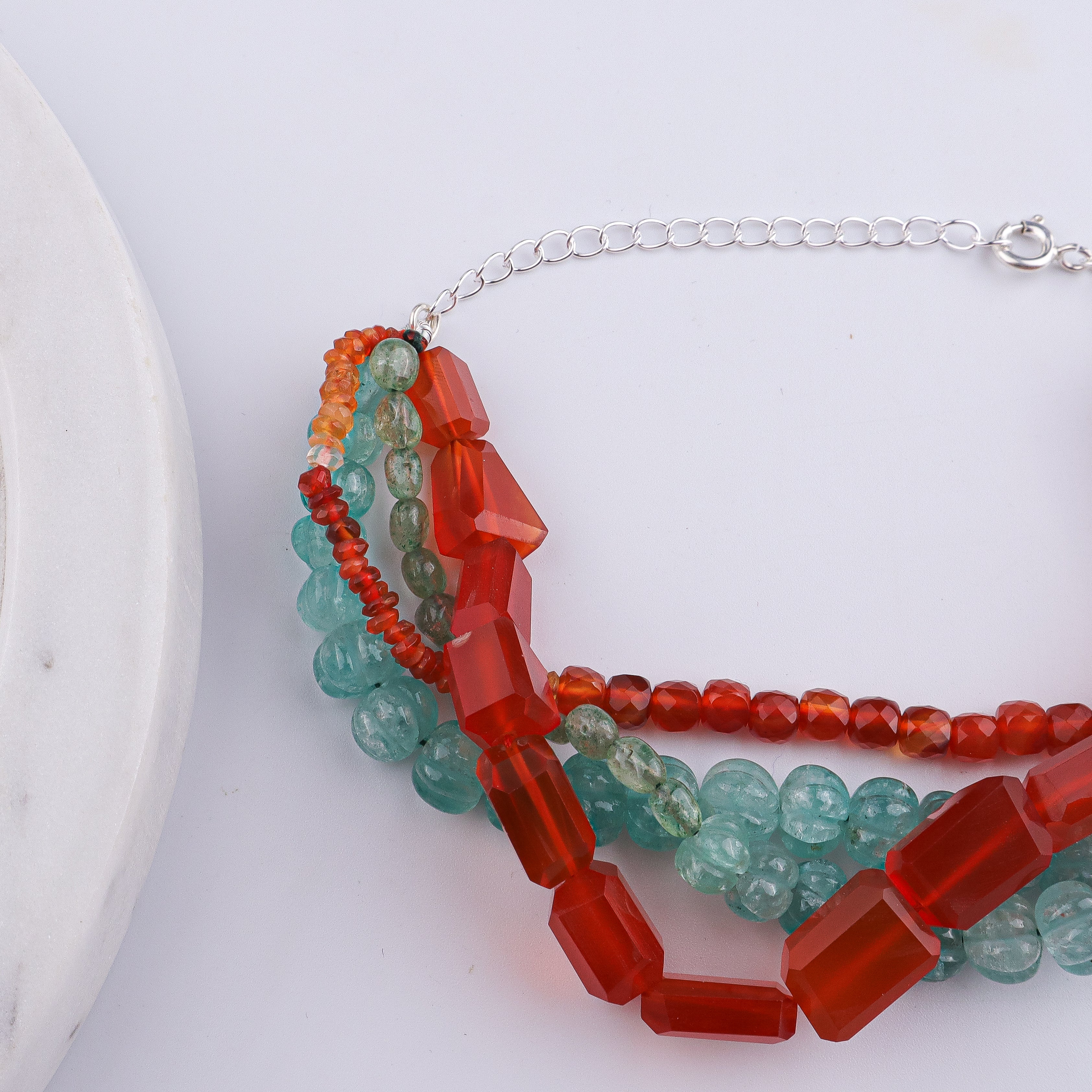 Carnelian, Russian Quartz, Natural Orange Opal & Carved Pumpkin Aqua Fluorite Silver Bracelet (Project Handmade)