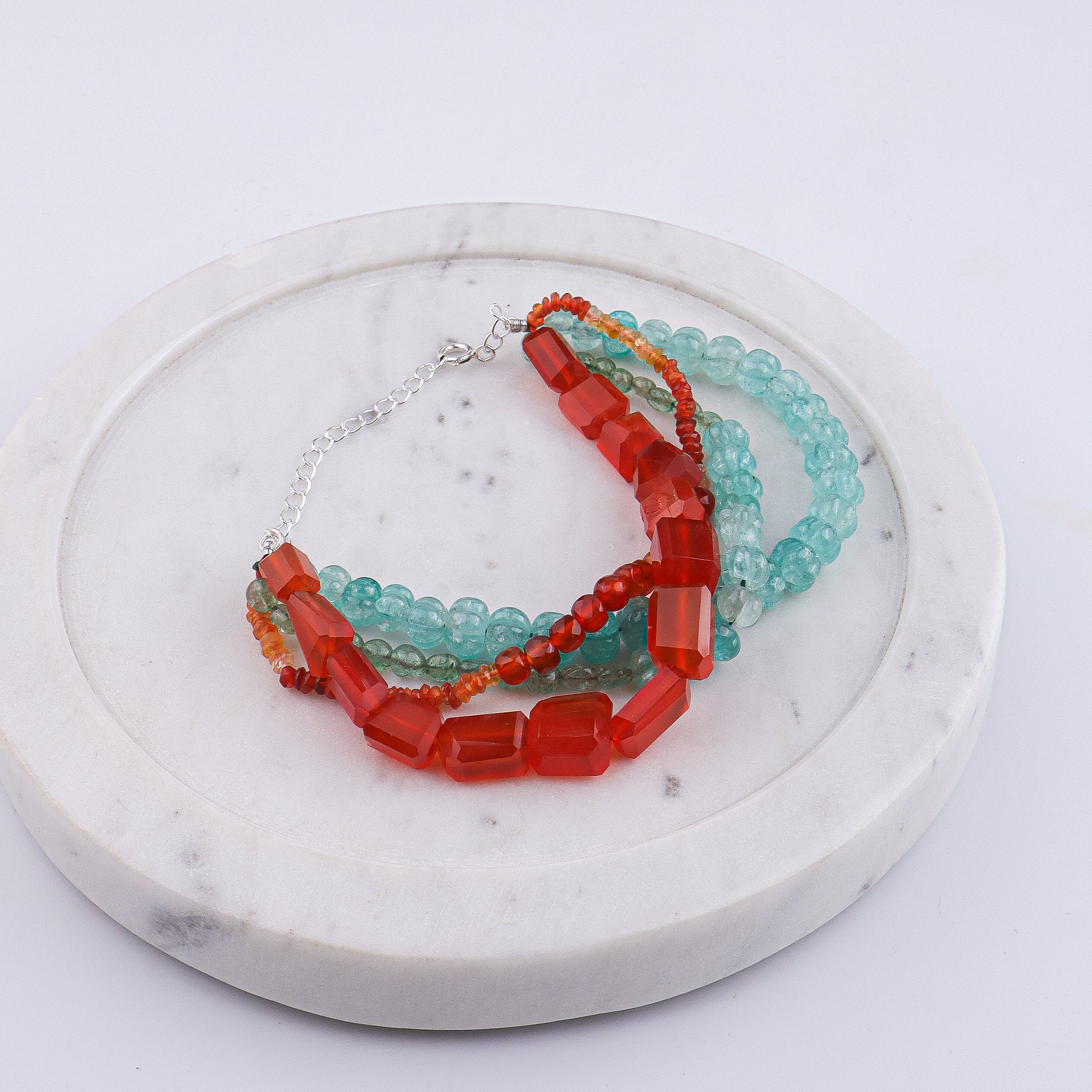 Carnelian, Russian Quartz, Natural Orange Opal & Carved Pumpkin Aqua Fluorite Silver Bracelet (Project Handmade)