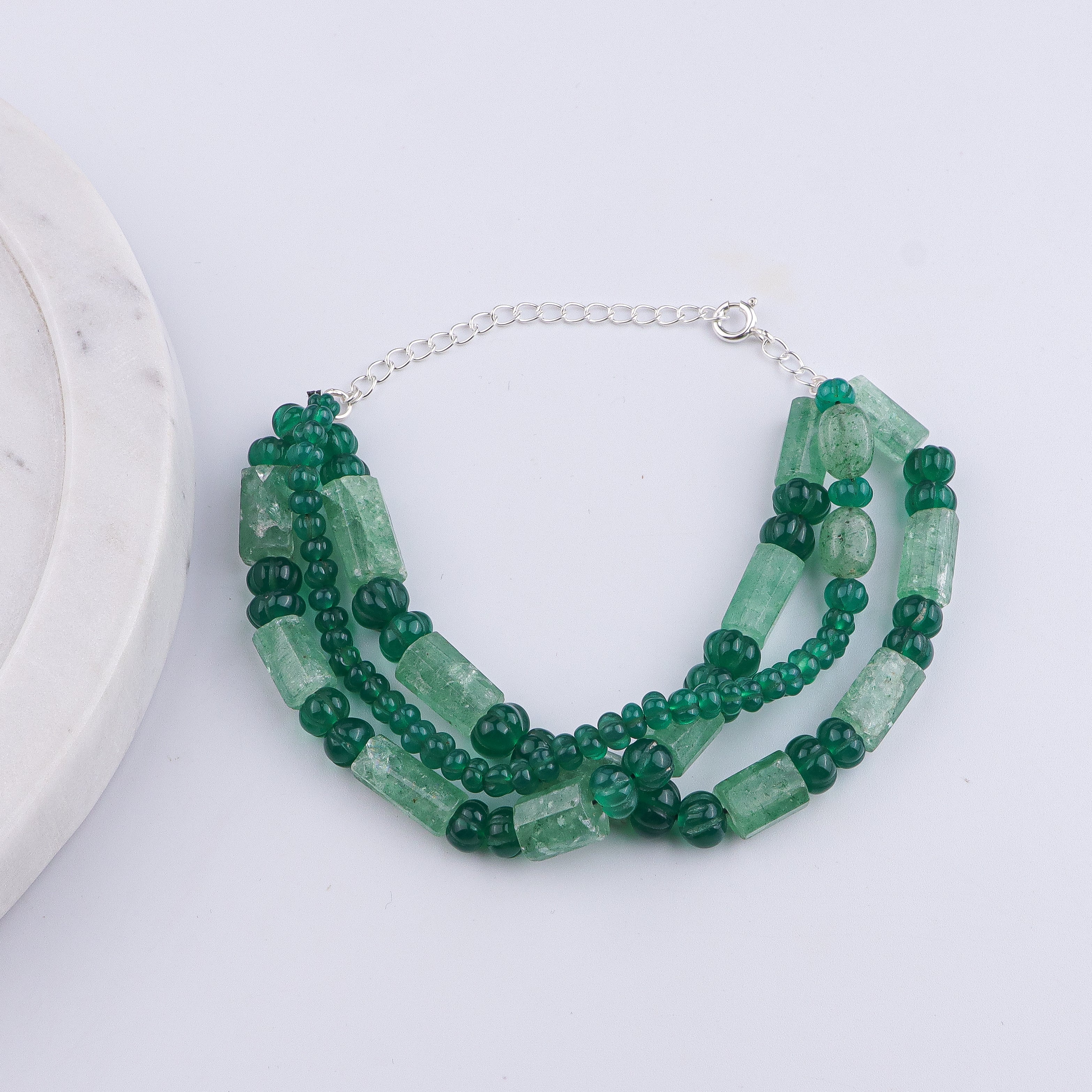 Green Onyx & Russian Quartz Silver Bracelet (Project Handmade)