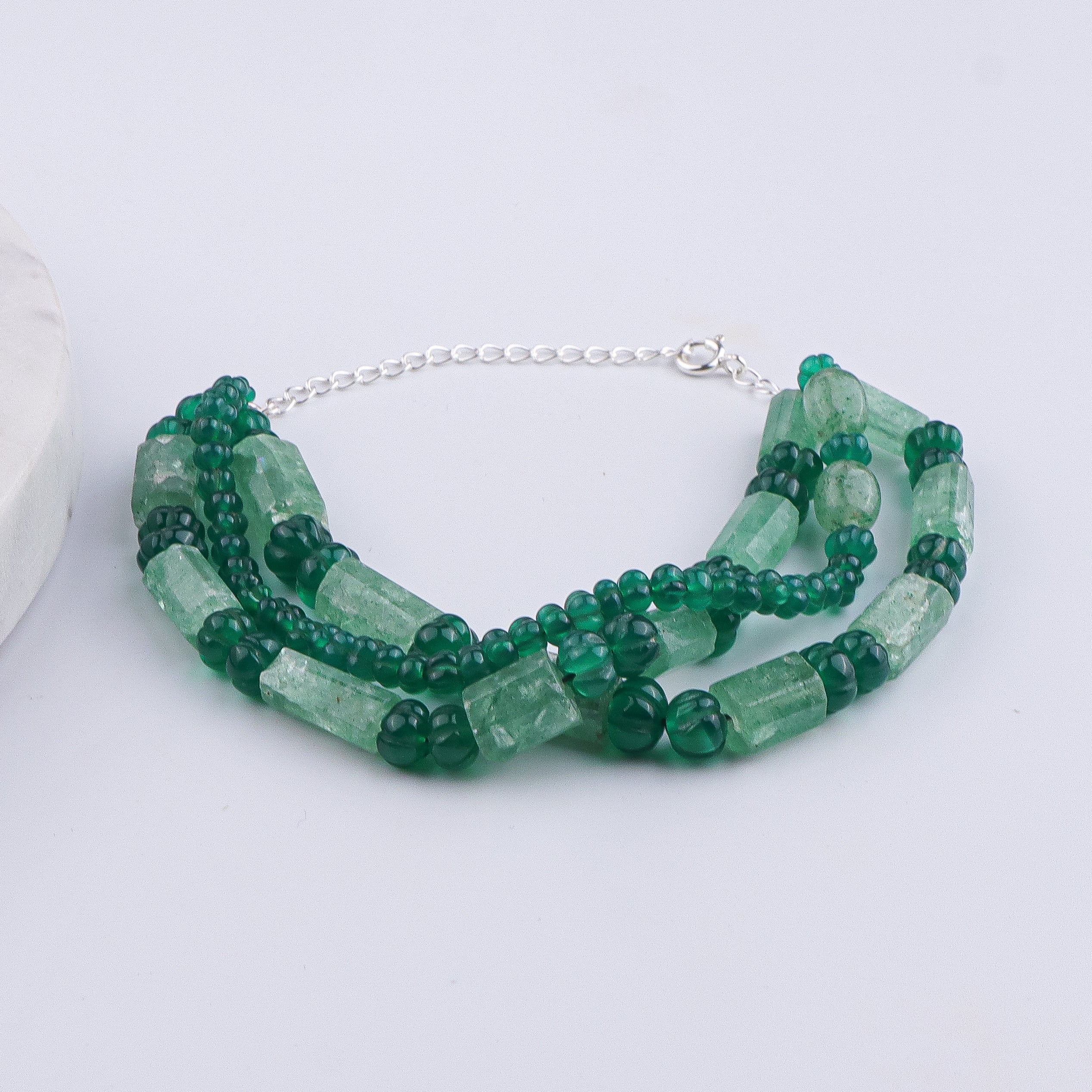 Green Onyx & Russian Quartz Silver Bracelet (Project Handmade)