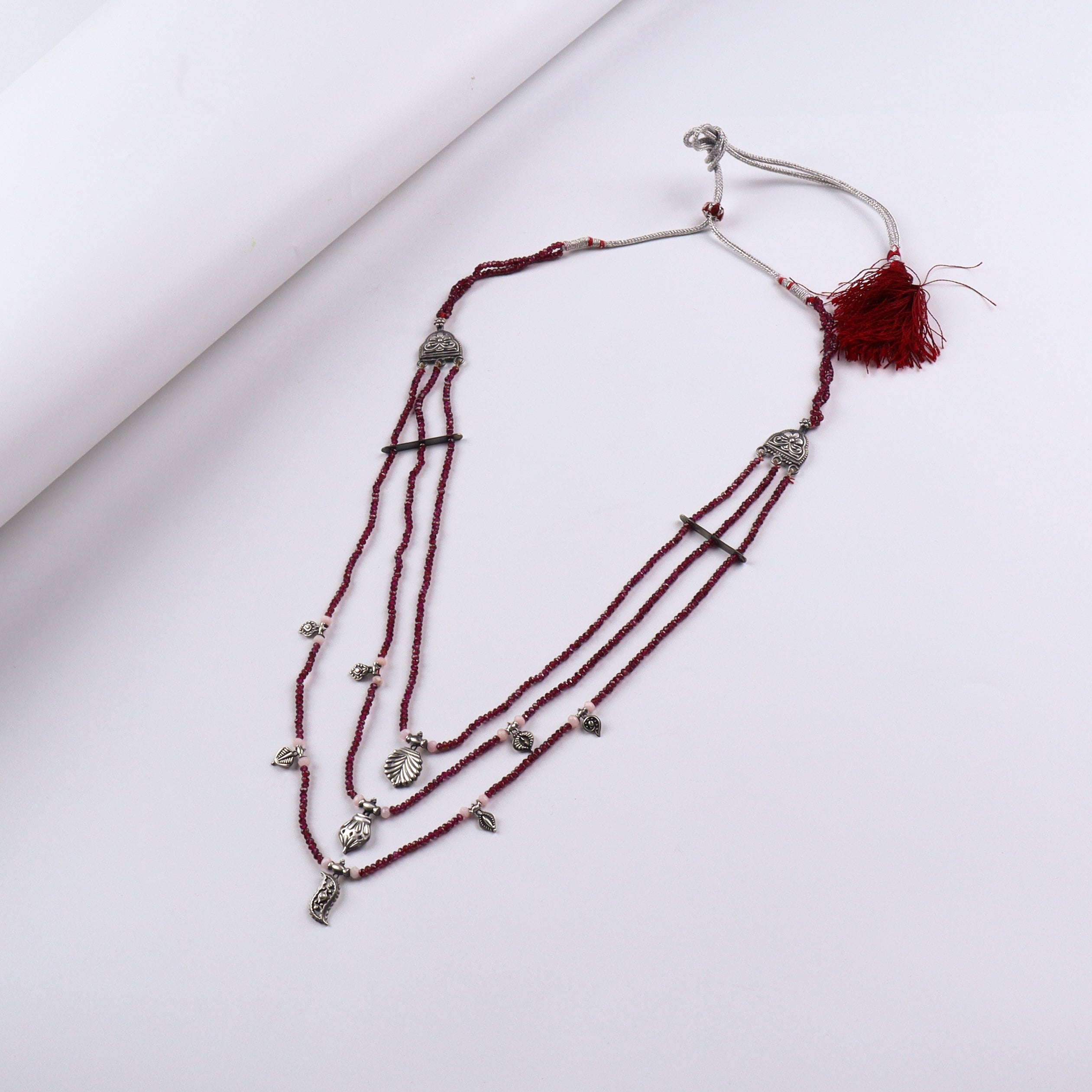 Saaj Motif Satlada Inspired Necklace with Garnet Stones and Moonstones (3 layered)