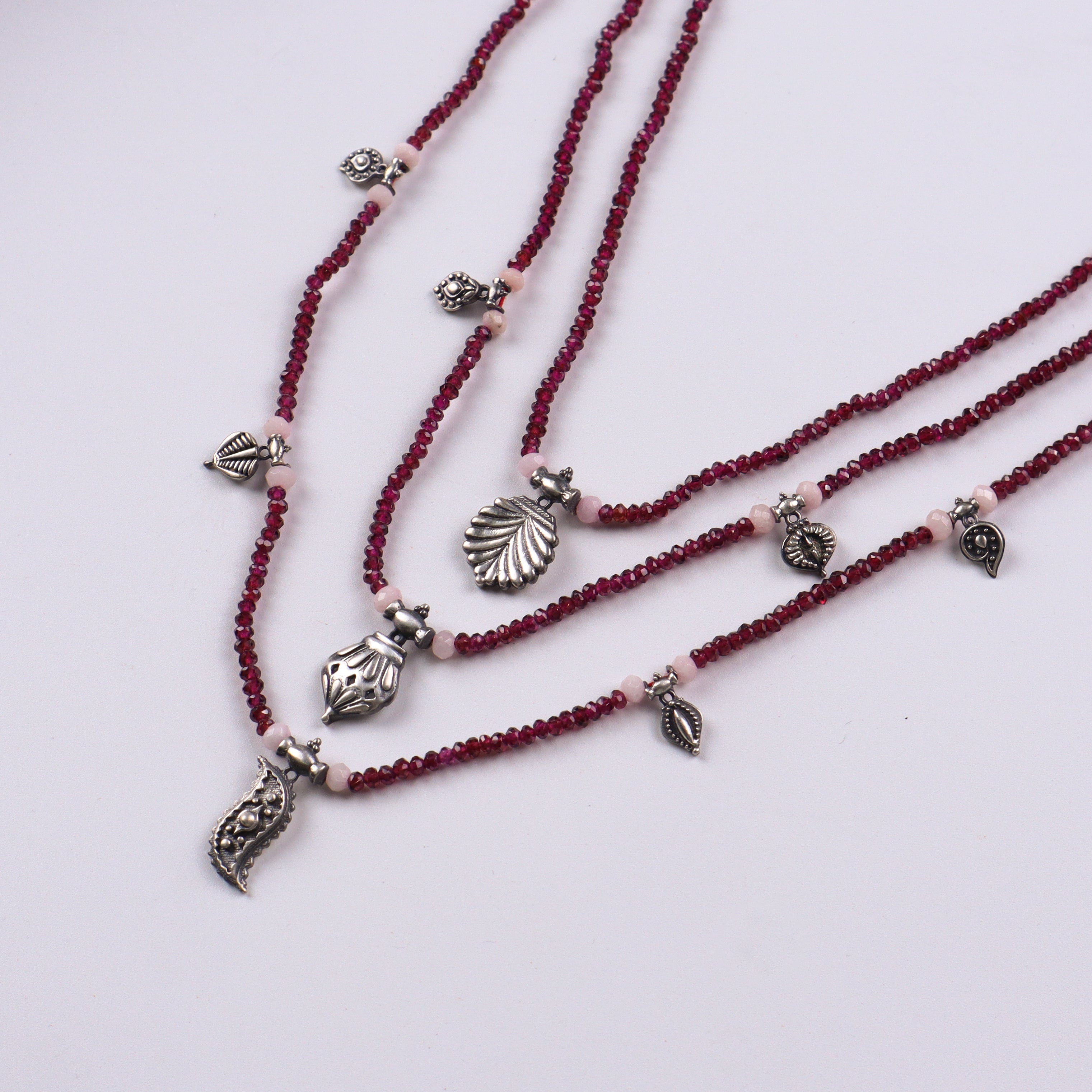 Saaj Motif Satlada Inspired Necklace with Garnet Stones and Moonstones (3 layered)