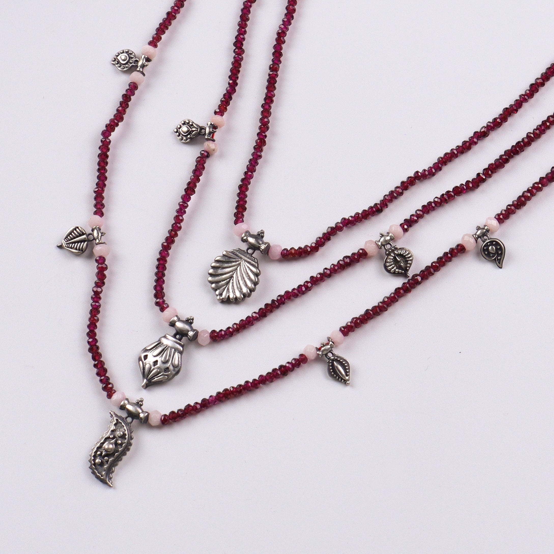Saaj Motif Satlada Inspired Necklace with Garnet Stones and Moonstones (3 layered)