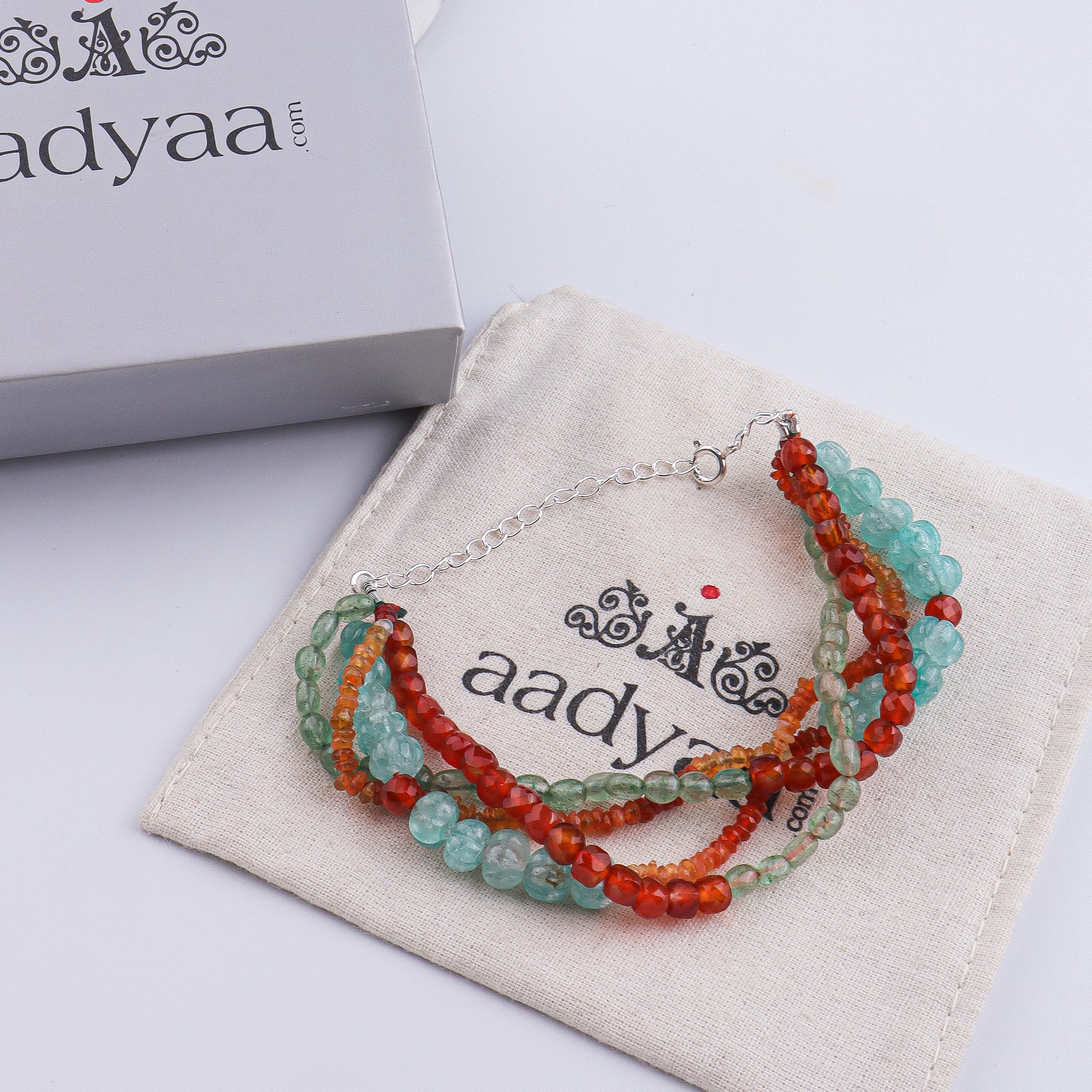 Natural Orange Opal, Russian Quartz, Carnelian & Carved Pumpkin Aqua Fluorite Silver Bracelet (Project Handmade)