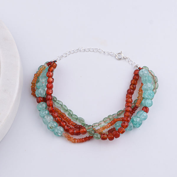 Natural Orange Opal, Russian Quartz, Carnelian & Carved Pumpkin Aqua Fluorite Silver Bracelet (Project Handmade)