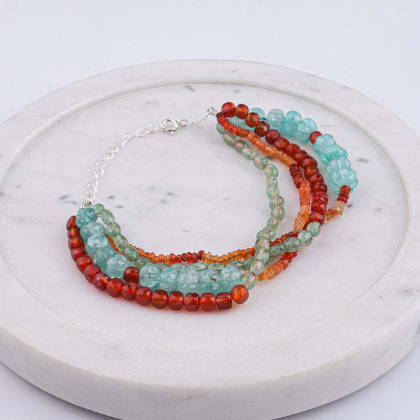 Natural Orange Opal, Russian Quartz, Carnelian & Carved Pumpkin Aqua Fluorite Silver Bracelet (Project Handmade)