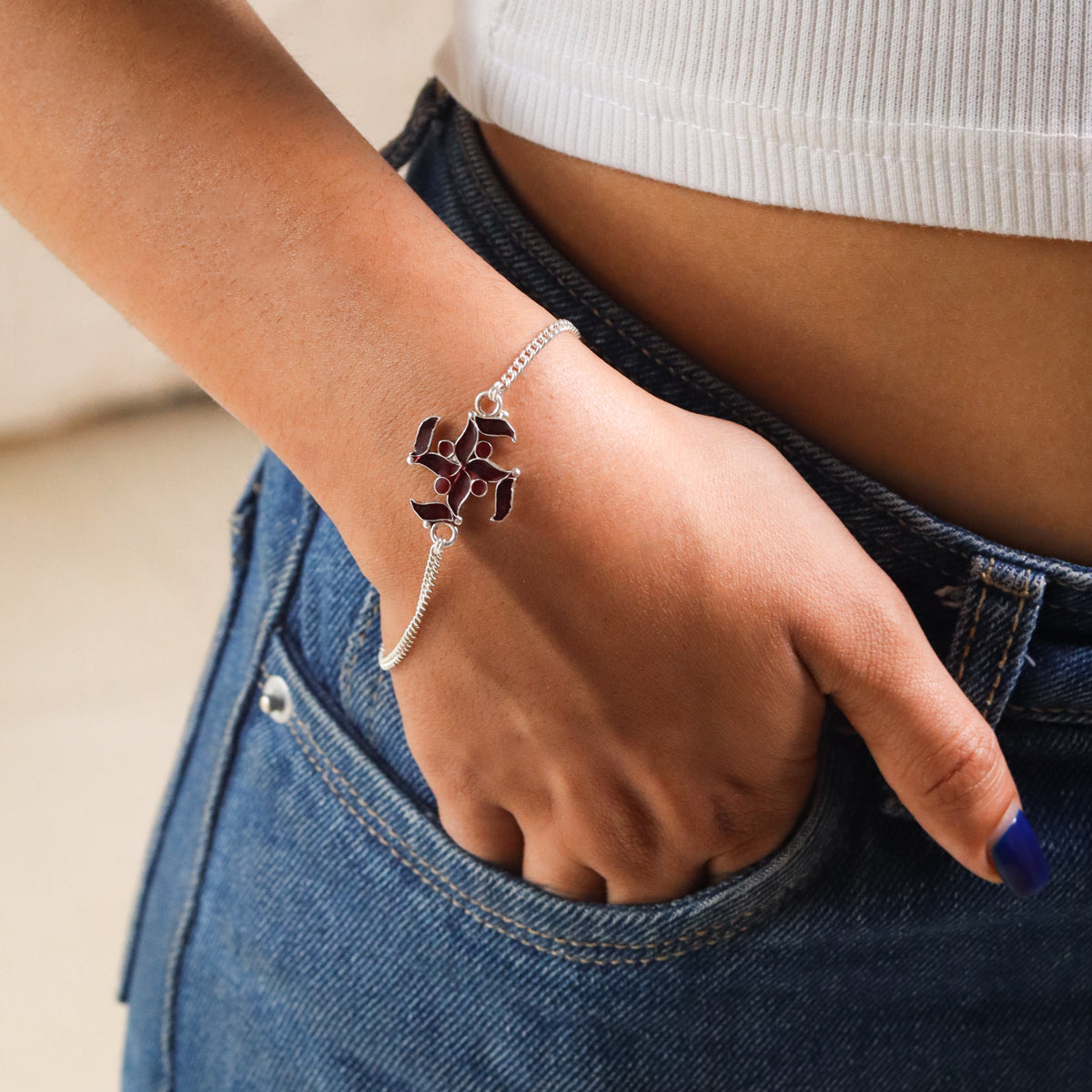 Meenakari Swastik Silver Bracelet