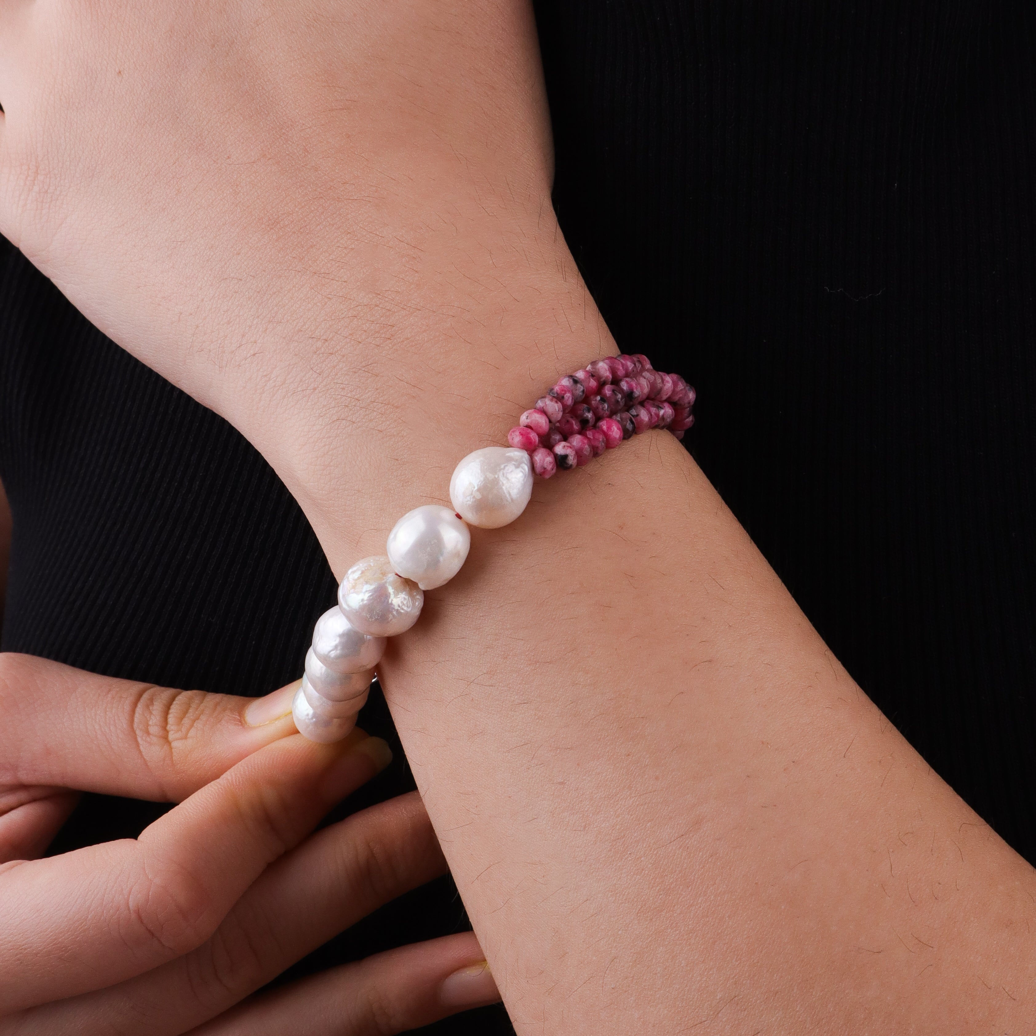 Pink Jade & Baroque Pearl Silver Bracelet (Project Handmade)