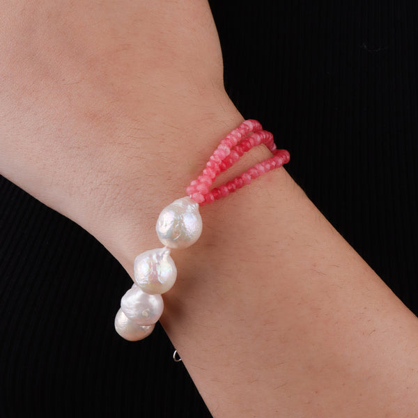 Baroque Pearl & Pink Jade Silver Bracelet (Project Handmade)