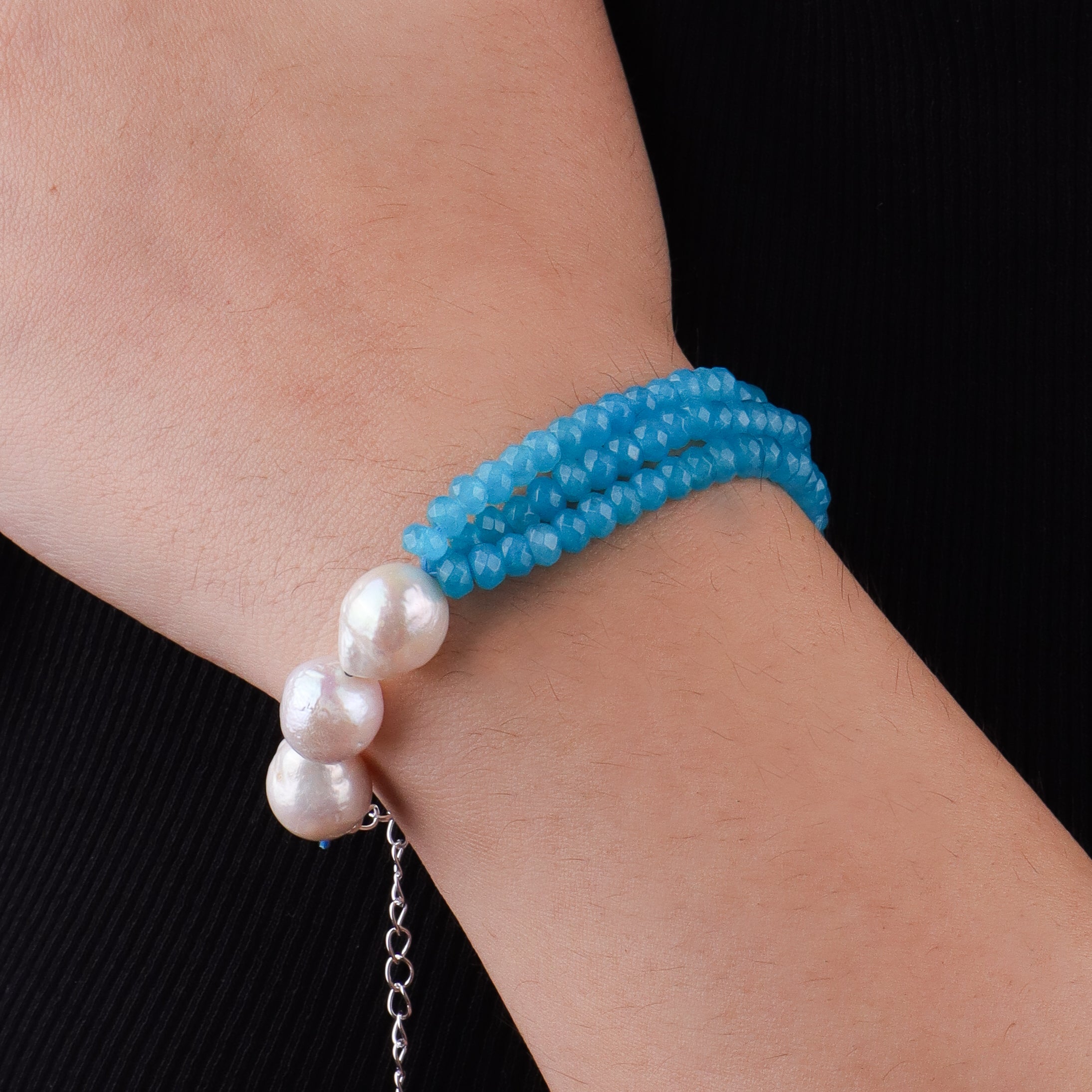 Blue Jade & Baroque Pearl Silver Bracelet (Project Handmade)