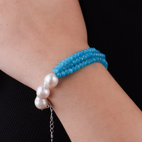 Blue Jade & Baroque Pearl Silver Bracelet (Project Handmade)