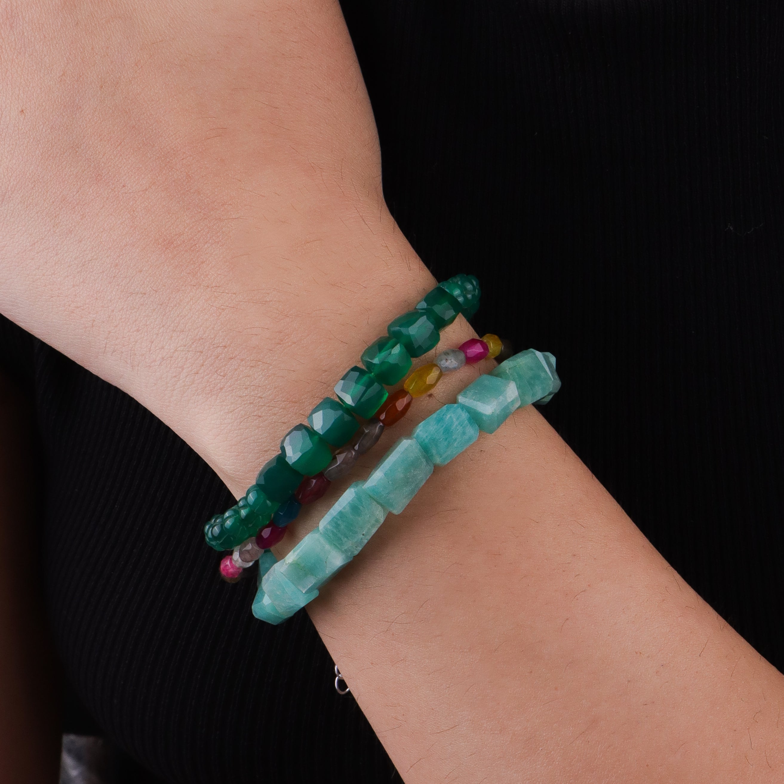Green Onyx, Multicolor Agate & Amazonite Silver Bracelet (Project Handmade)