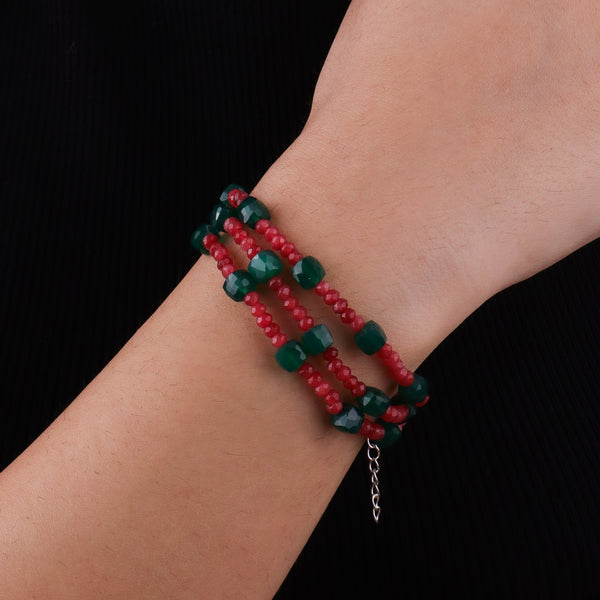 Red Jade & Green Onyx Silver Bracelet (Project Handmade)