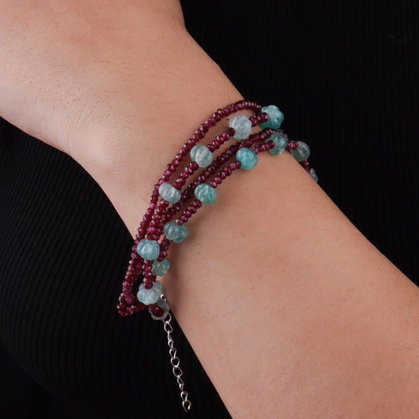 Carved Pumpkin Aqua Fluorite & Garnet Silver Bracelet (Project Handmade)