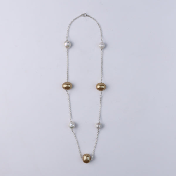 Pearl Line Necklace with Fresh Water Pearls & Golden Pearls