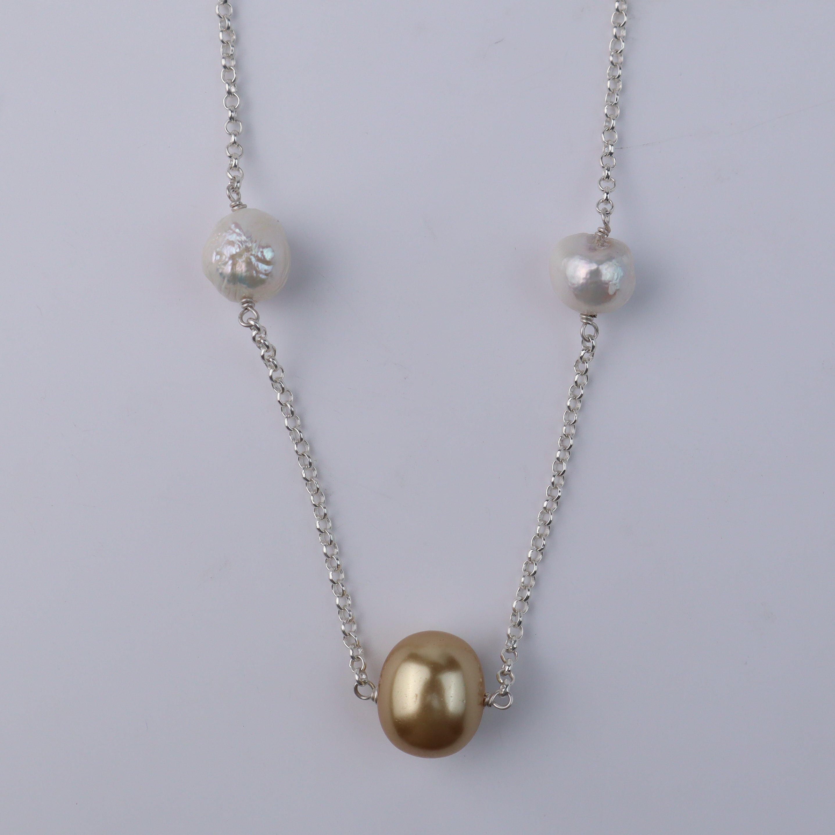 Pearl Line Necklace with Fresh Water Pearls & Golden Pearls