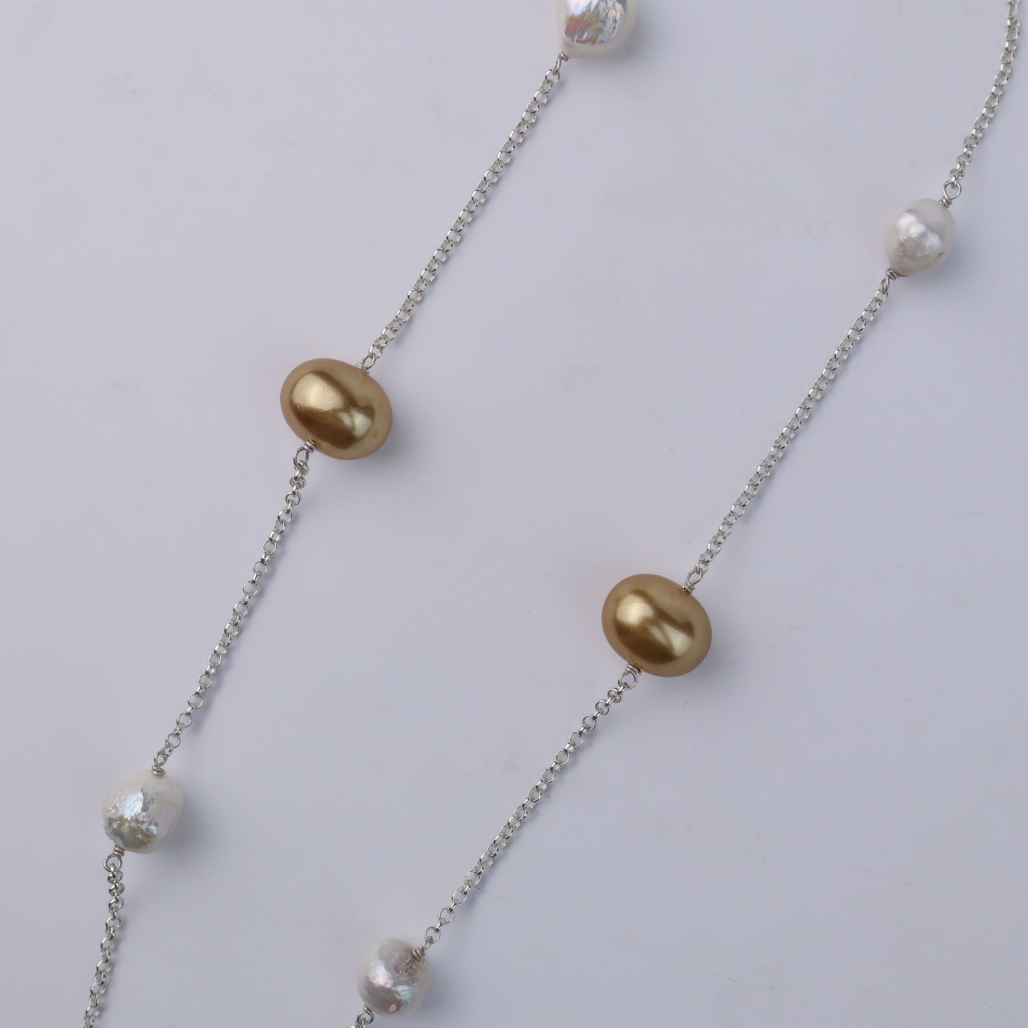 Pearl Line Necklace with Fresh Water Pearls & Golden Pearls