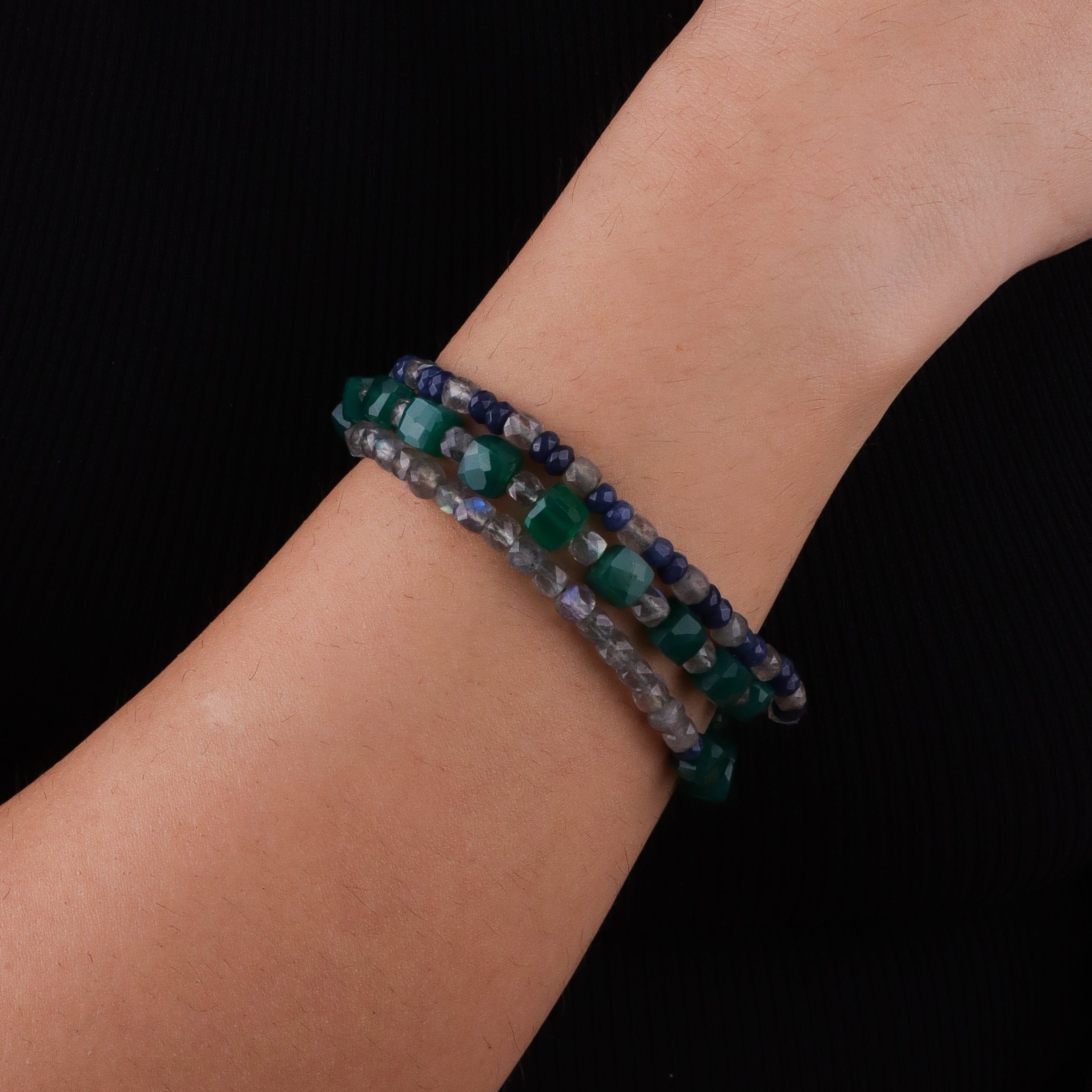 Green Onyx, Blue Jade & Labradorite Silver Bracelet (Project Handmade)