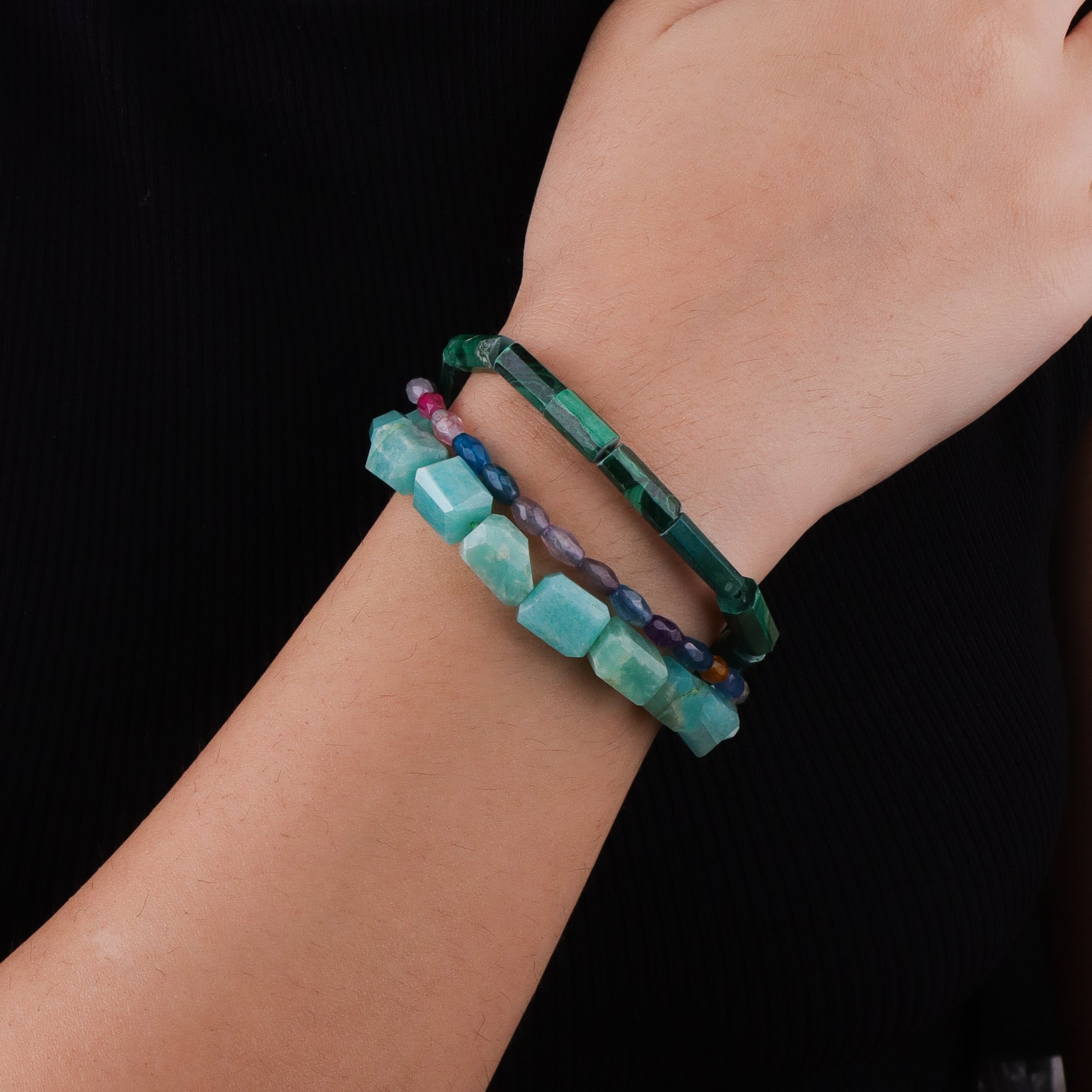 Malachite, Multicolor Agate & Amazonite Silver Bracelet (Project Handmade)