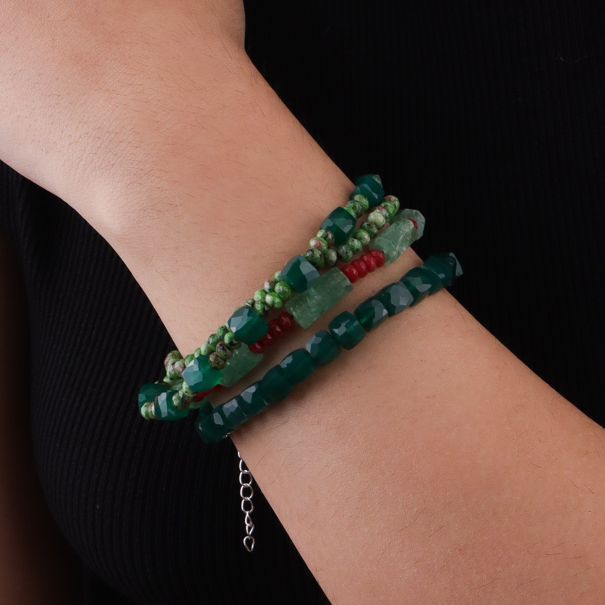Green Onyx, Russian Quartz, Green & Red Jade Silver Bracelet (Project Handmade)