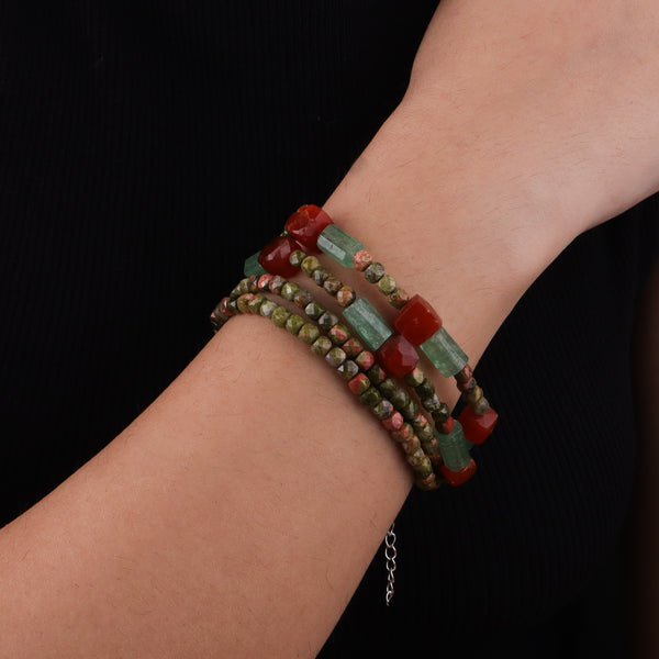 Unakite, Russian Quartz & Carnelian Silver Bracelet (Project Handmade)