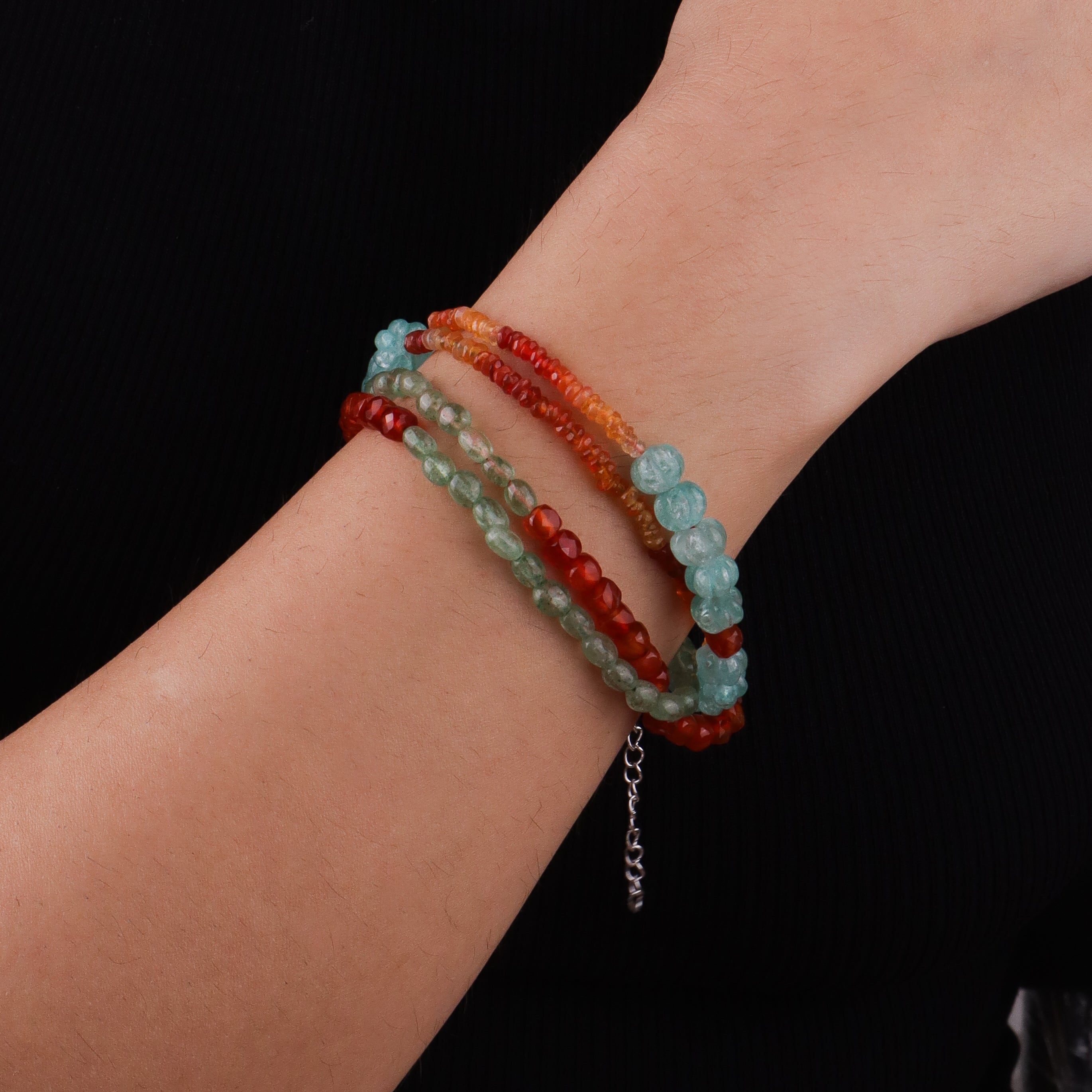 Natural Orange Opal, Russian Quartz, Carnelian & Carved Pumpkin Aqua Fluorite Silver Bracelet (Project Handmade)