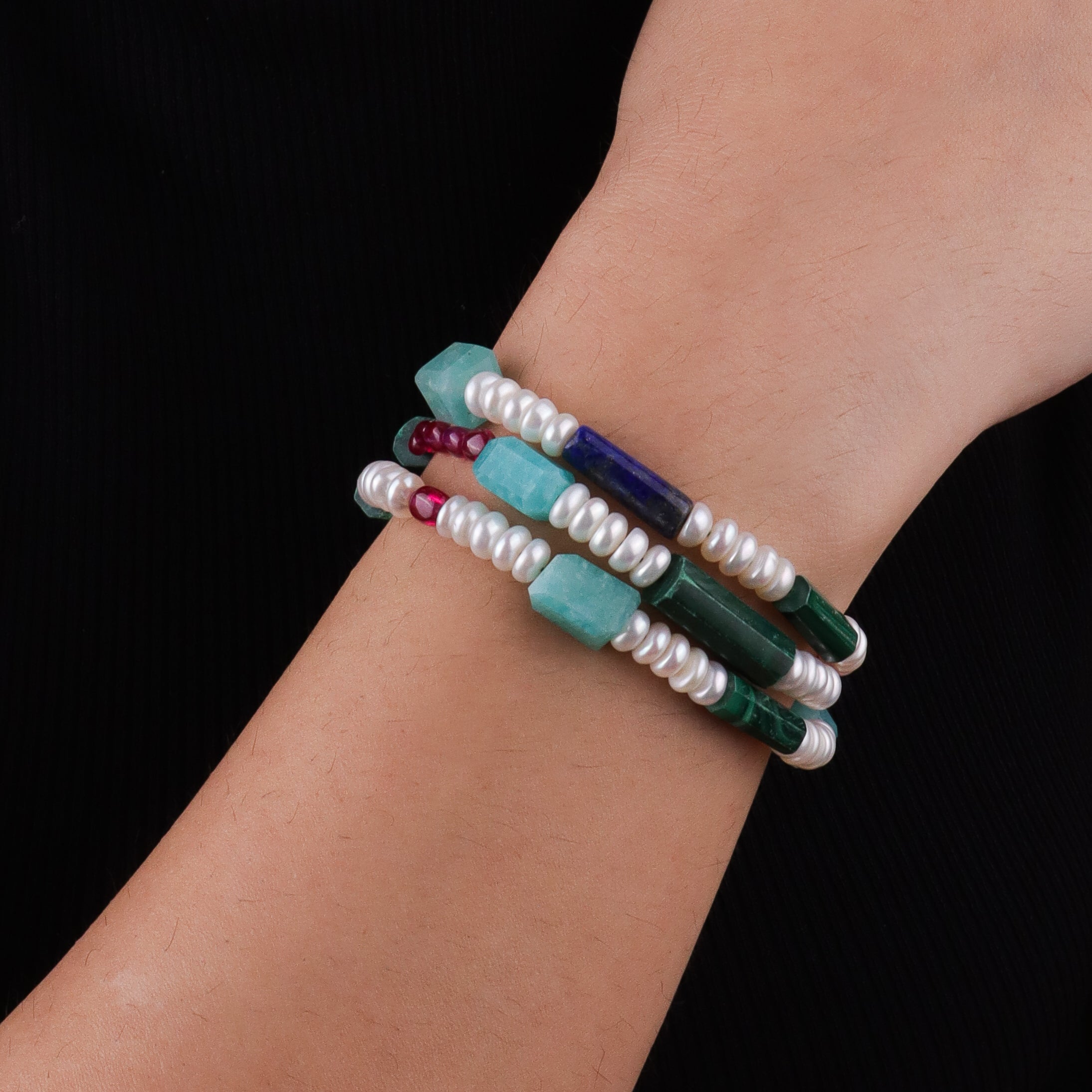 Amazonite, Lapis Lazuli, Ruby, Freshwater Pearl & Malachite Silver Bracelet (Project Handmade)