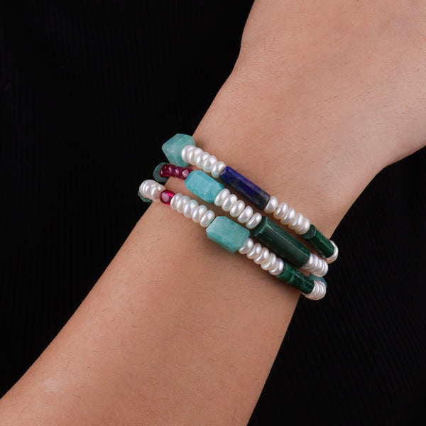 Amazonite, Lapis Lazuli, Ruby, Freshwater Pearl & Malachite Silver Bracelet (Project Handmade)