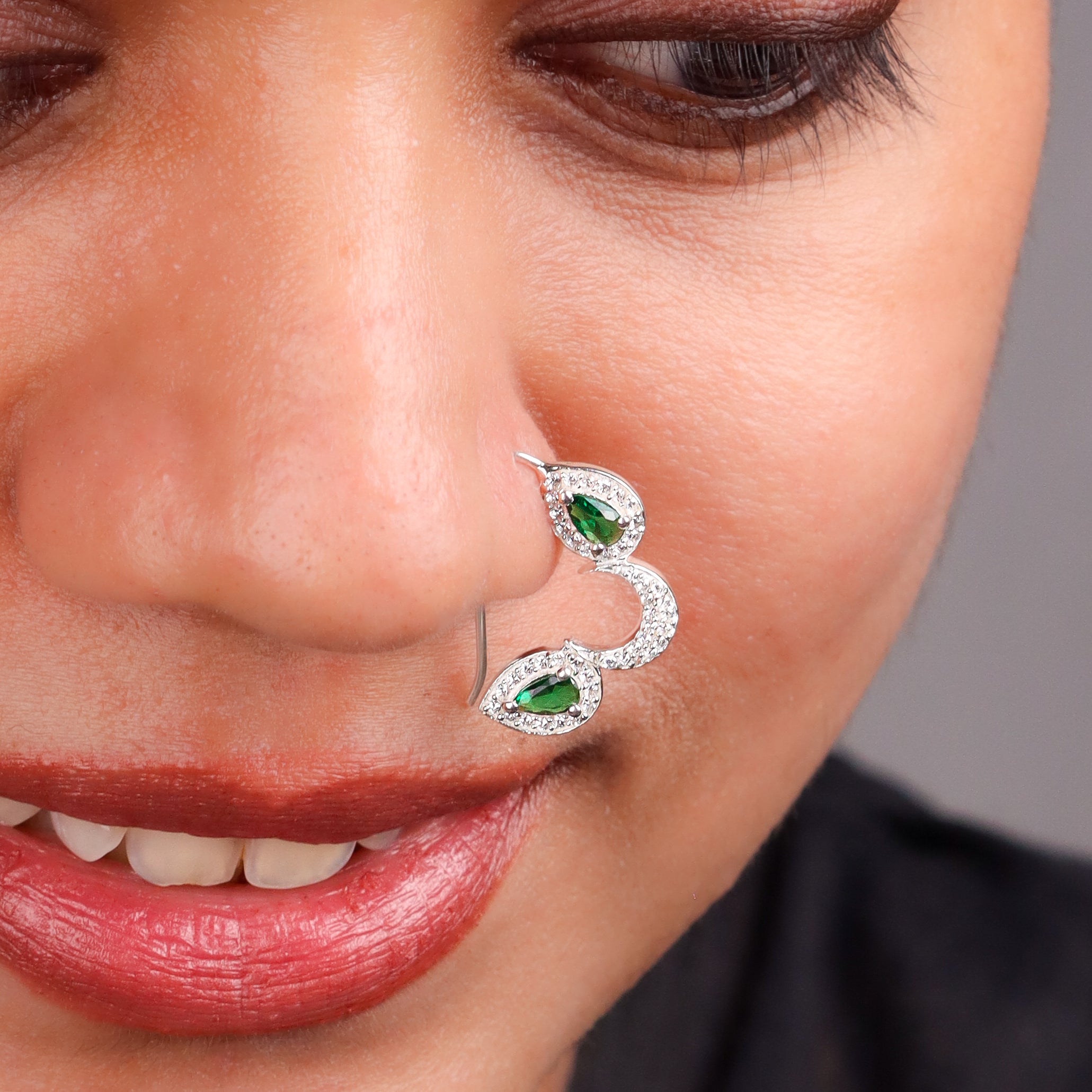 Silver chandrakor green drop nath with cz stones pierced (small)