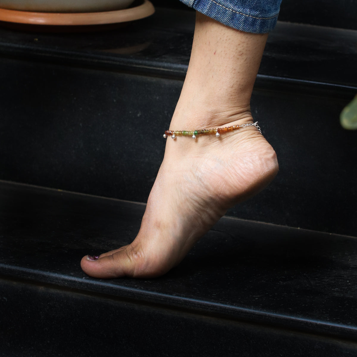 Multicolor Semi Precious Stones Anklet with Silver Beads