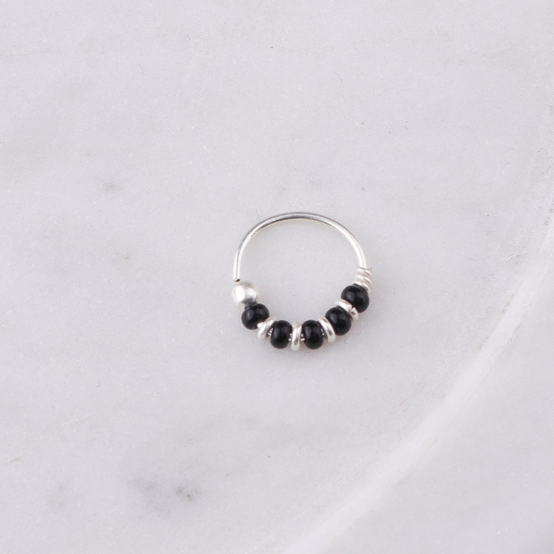 Silver Septum Cum Nose Ring with Black Bead (Pierced)